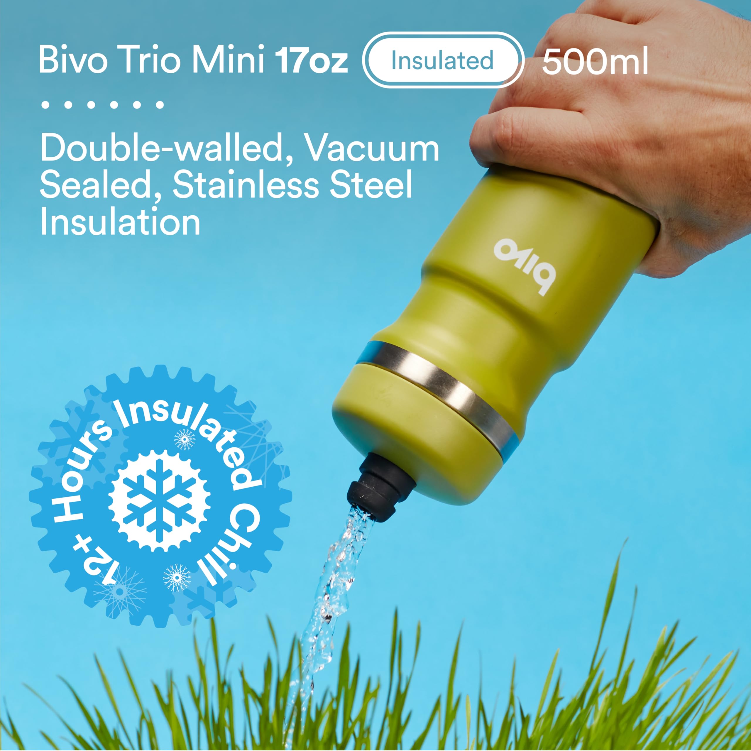 Bivo Trio Mini 17Oz Insulated Stainless Steel Bike Water Bottle - For Cycling - Compact, Fits Most