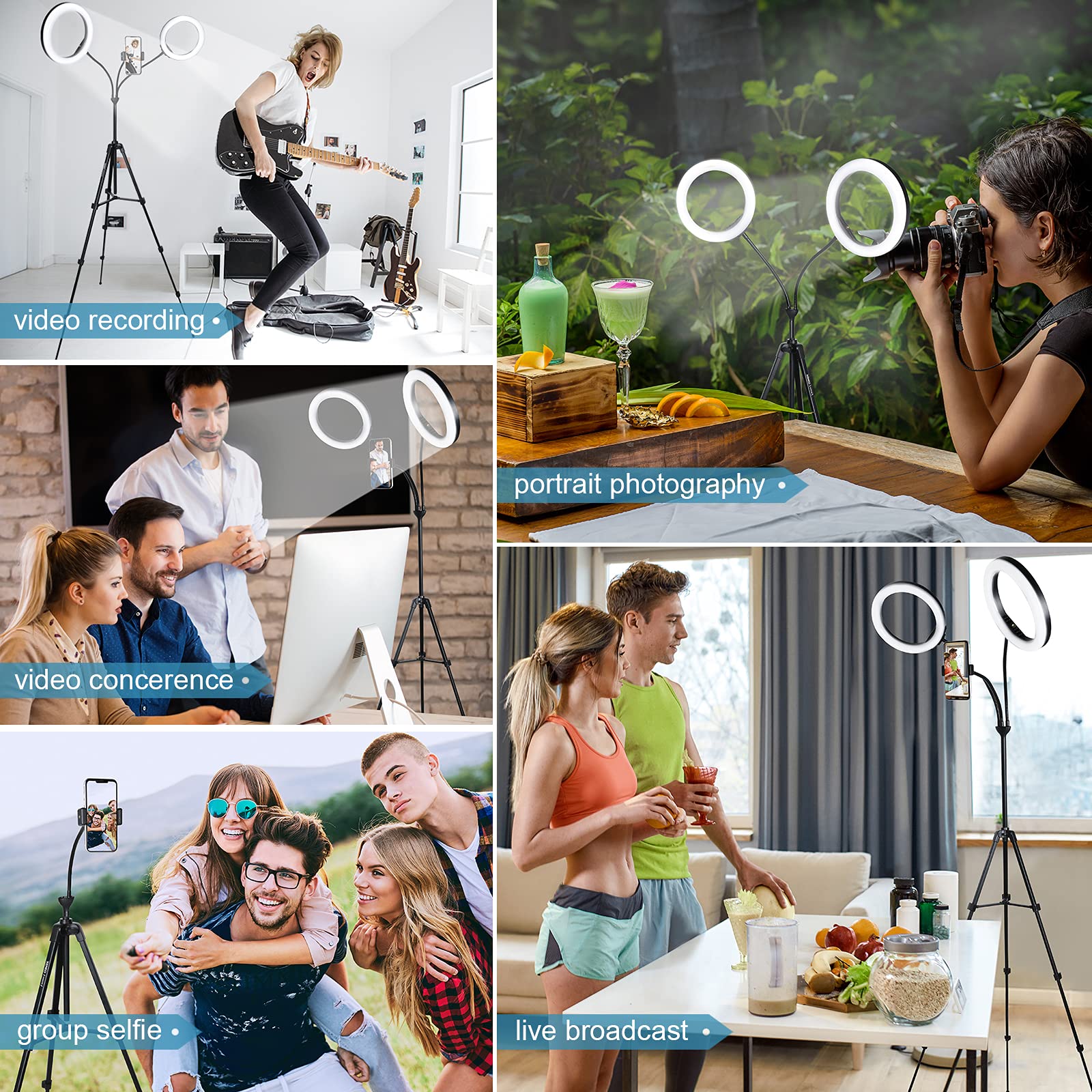 Xeneo 8'' Dual Ring Light With Tripod Stand & 2 Phone Holders For Double Brightness, Led Selfie Ring Light With Remote Shutter For Live Stream/Youtube/Video Recording/Makeup/Vlogging, Up To 5.9Ft Tall