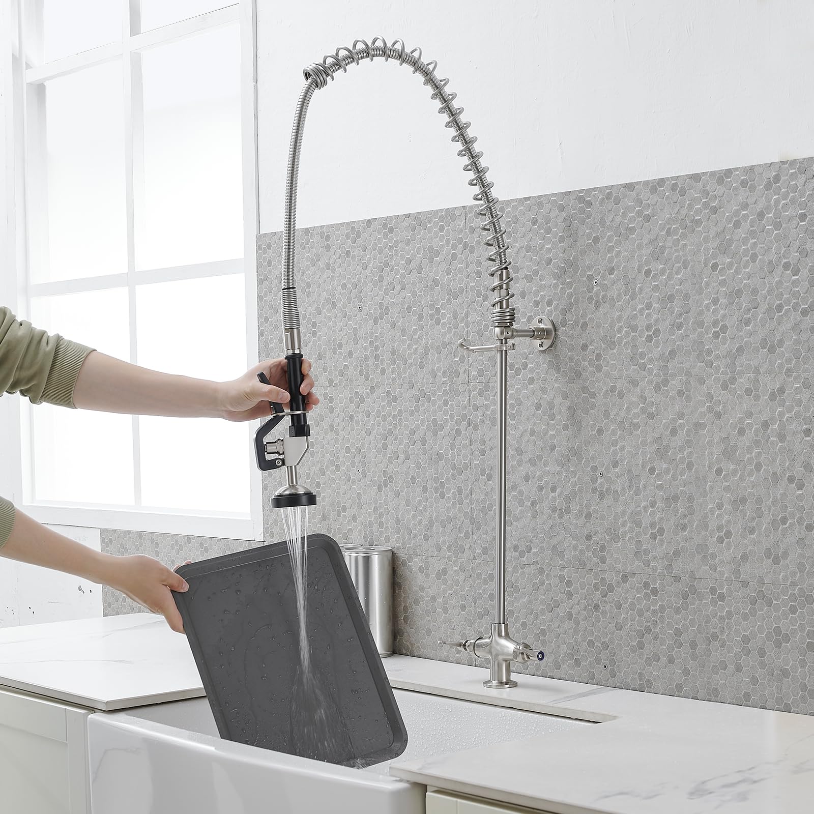 Bathfinesse Commercial Sink Faucet Kitchen Faucet With Sprayer, 39" Height Deck Mount Single Hole Double Handle Coiled Spring Pull Down Spray Faucet Pre Rinse Restaurant, Brushed Nickel