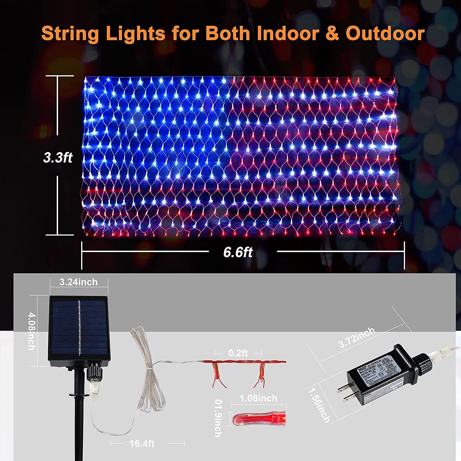 Cerflyer American Flag Lights, 2-In-1 Plug-In&Outdoor Solar String Light With 420 Led Flag Net Lights Of The United States, Waterproof Patriotic Light For Christmas, Independence Day, Party, 4Th Of July
