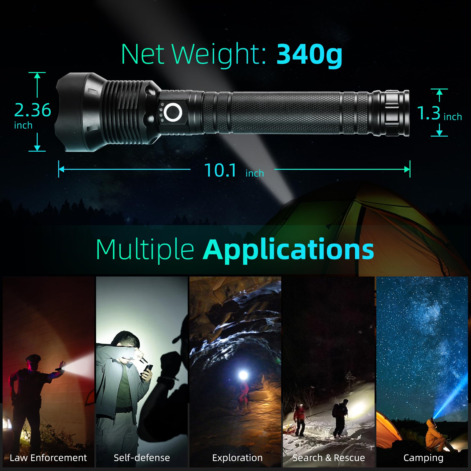 Bonashi Flashlight Rechargeable Flashlight, Ultra Bright 20000 Lumens, Zoomable, 5 Lighting Modes, Ip65 Waterproof, Handheld Powerful Flashlight For Hunting, Camping, Emergencies