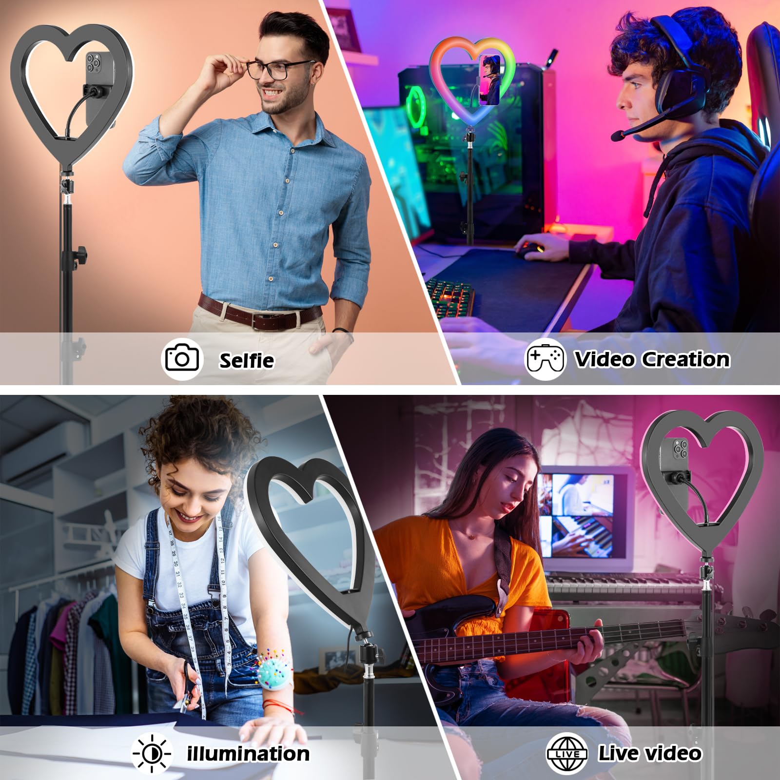 Nanbeitong Nanbeitong13'' Selfie Ring Light With 73'' Tripod Stand And Phone Holder&Ipad Holder, Rgb Ring Lights 47 Color Modes, Stepless Dimmable/Speed Led Heart Ringlight For Iphone & Android,Youtube,Makeup