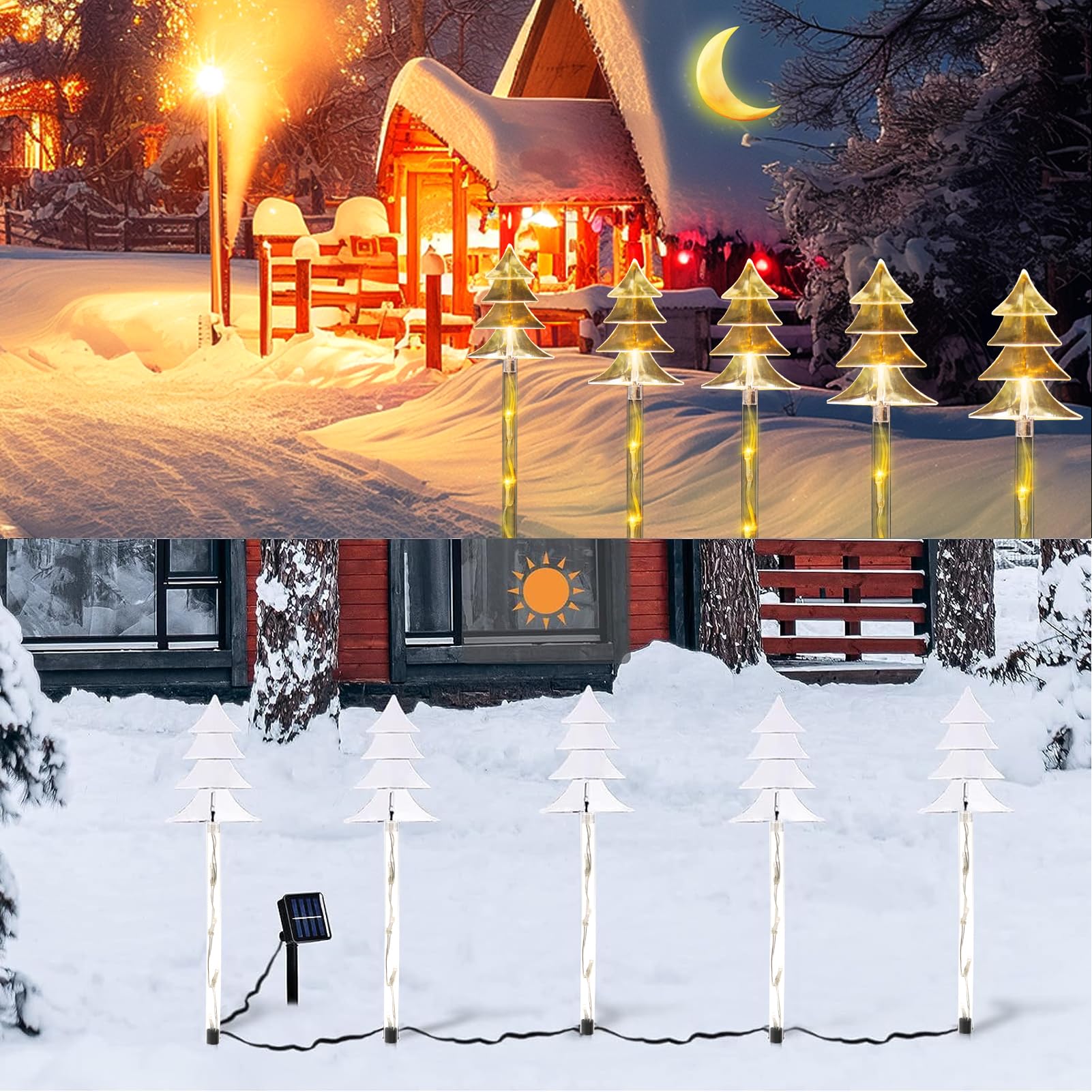 Illumi Christmas Snowflake Pathway Lights, 5 Pack Solar Christmas Stake Markers With Cool White Fairy Lights For Outdoor Holiday Walkway Patio Garden Christmas Decorations (Warm White-Tree)