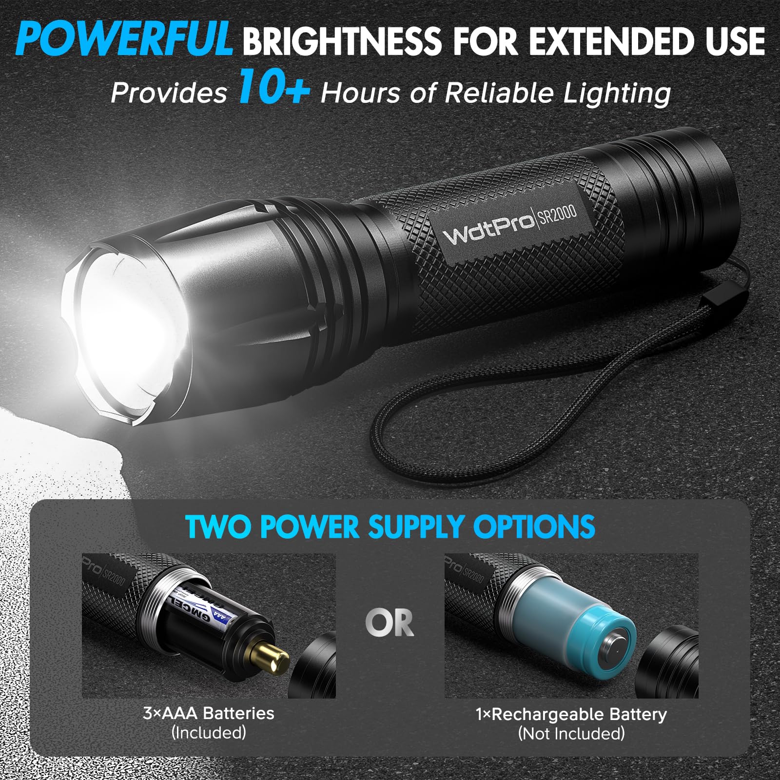 Wdtpro Led Flashlight High Lumens Sr2000 Pro, 2 Pack Brighter Tactical Flashlights With 5 Modes & Zoomable, Powerful Mini Flash Light For Emergency, Camping, Hiking (Black)