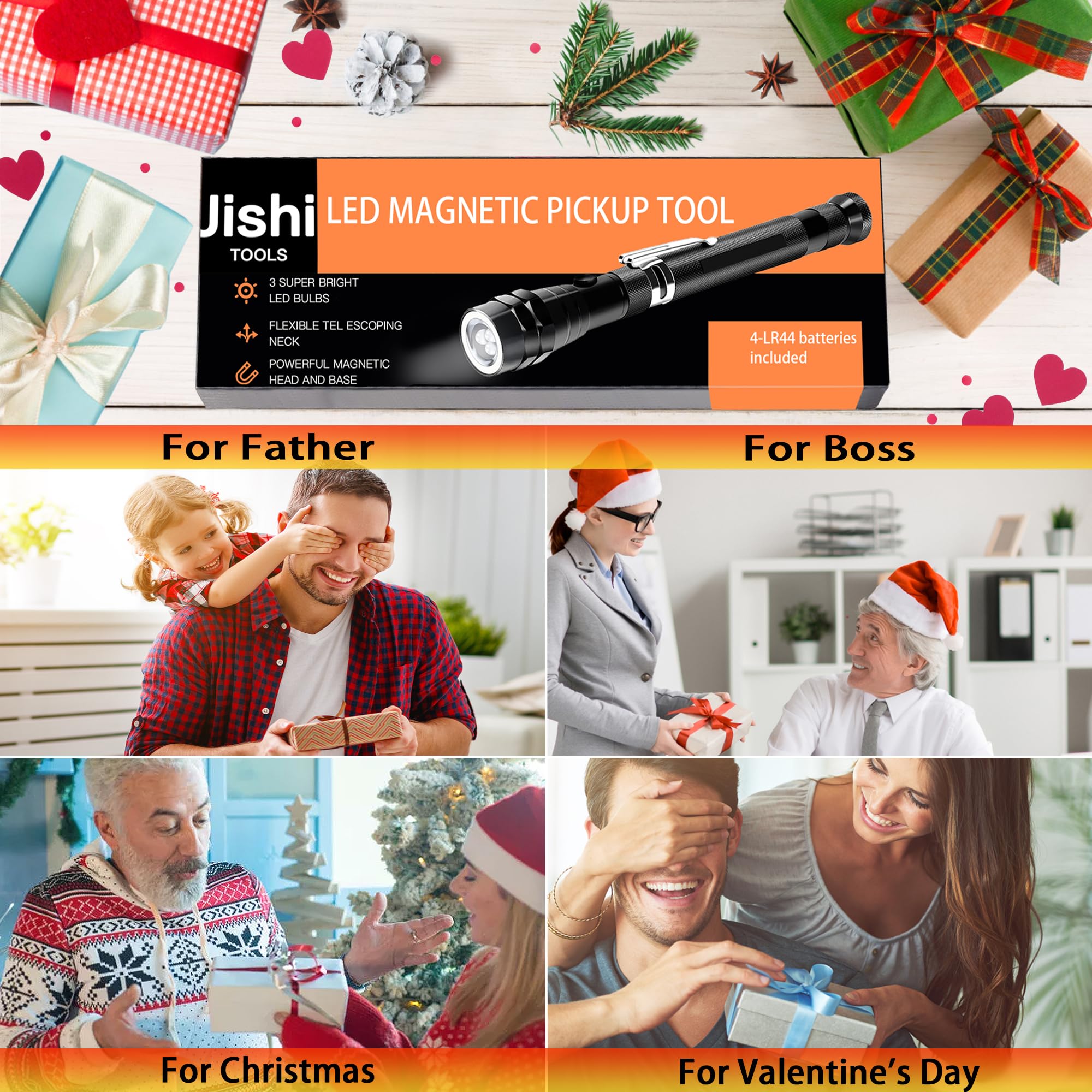 Jishi Magnetic Pickup Tool, Telescoping Magnet Led Flashlight,  For Men, Adults, Dad, Husband, Stocking Stuffers, Multitool, Aluminum Handle