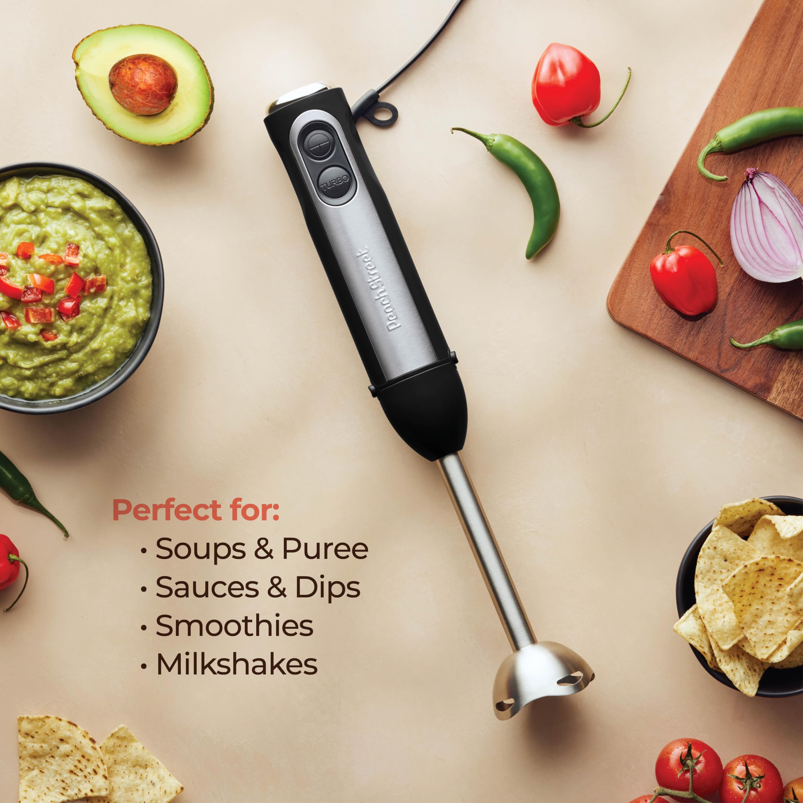 Peach Street Powerful Immersion Blender, Electric Hand Blender 500 Watt With Turbo Mode, Detachable Base. Handheld Kitchen Gadget Blender Stick For Soup, Smoothie, Puree, Baby Food, 304 Stainless Steel Blades