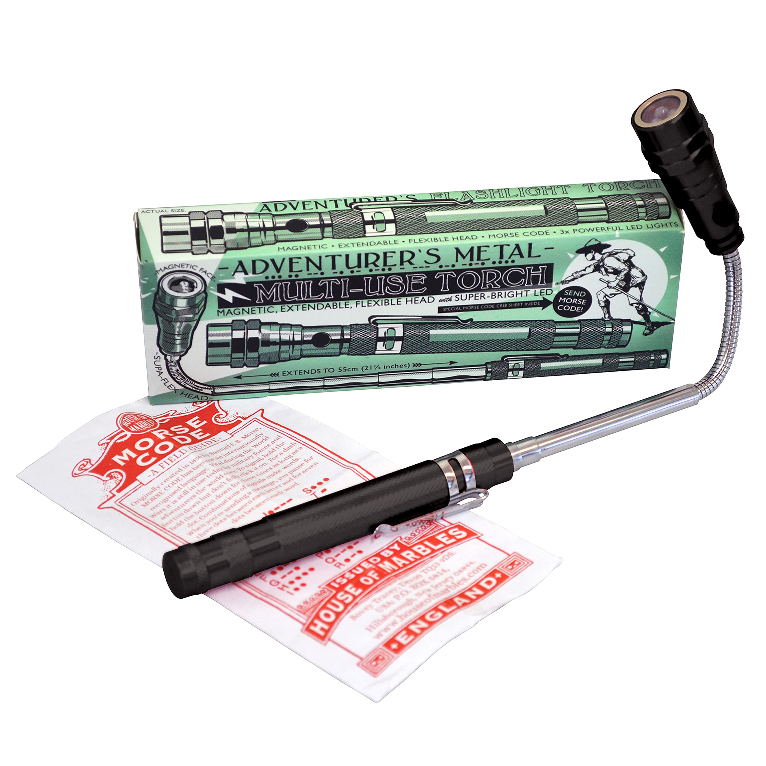 House Of Marbles Adventurer'S Flexi Multi-Use Portable Metal Torch, Battery Powered, Super Bright Led Flashlight With Magnetic, Extendable, Flexible Head And Morse Code Crib Sheet