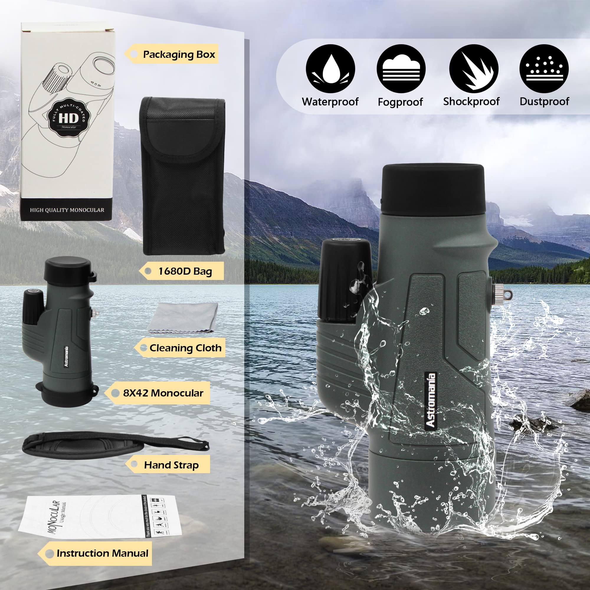 Astromania 8X42 Bak4 High Power Prism Monoculars, Waterproof, Compact Handheld Monoscope For Bird Watching, Traveling  For Men