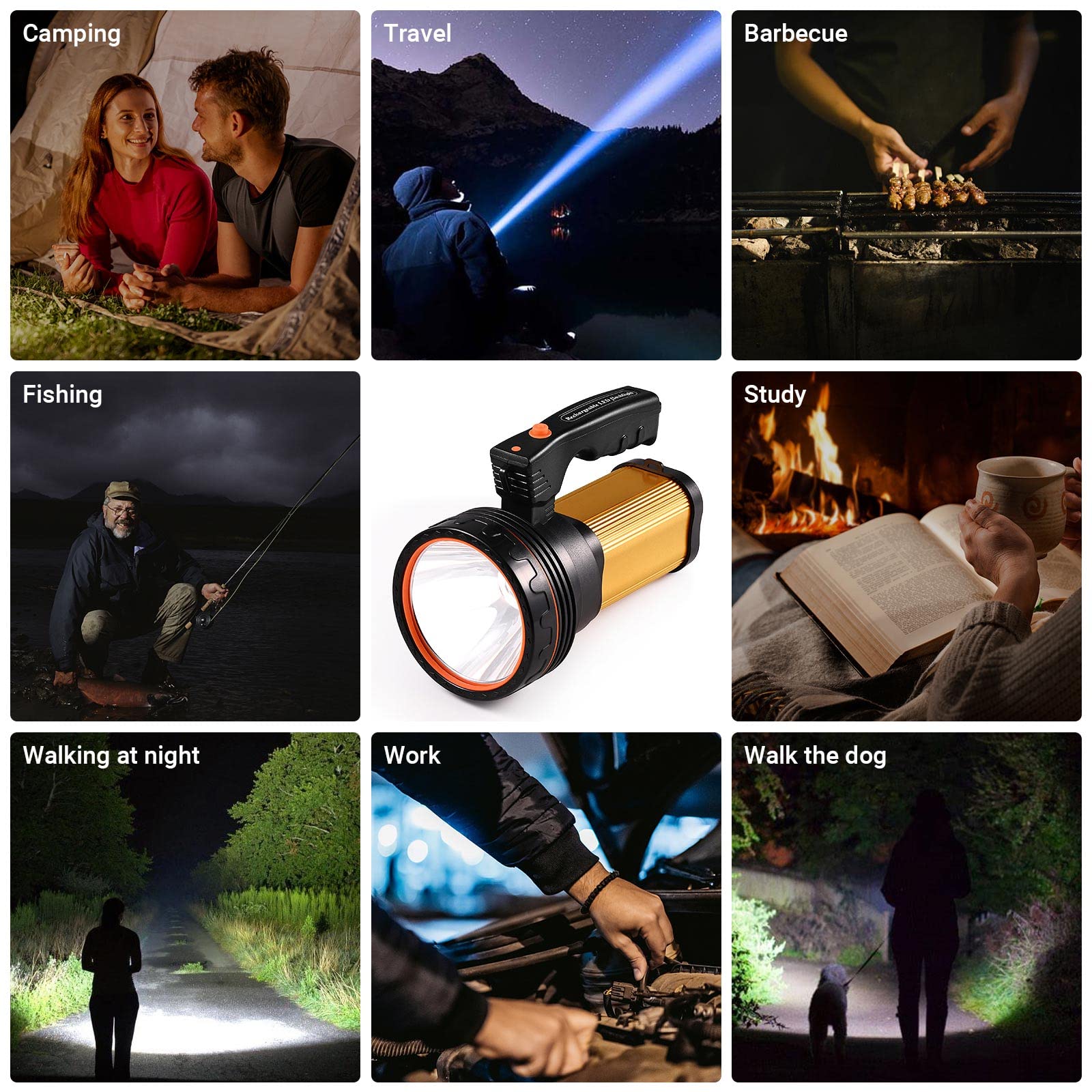 Csndice Flashlights High Lumens Rechargeable,1000000Lm Rechargeable Spotlight,Ip65 Rechargeable Flashlights,Handheld Spotligh With Shoulder Strap And Usb Output For Emergency Security Camping(Gold)