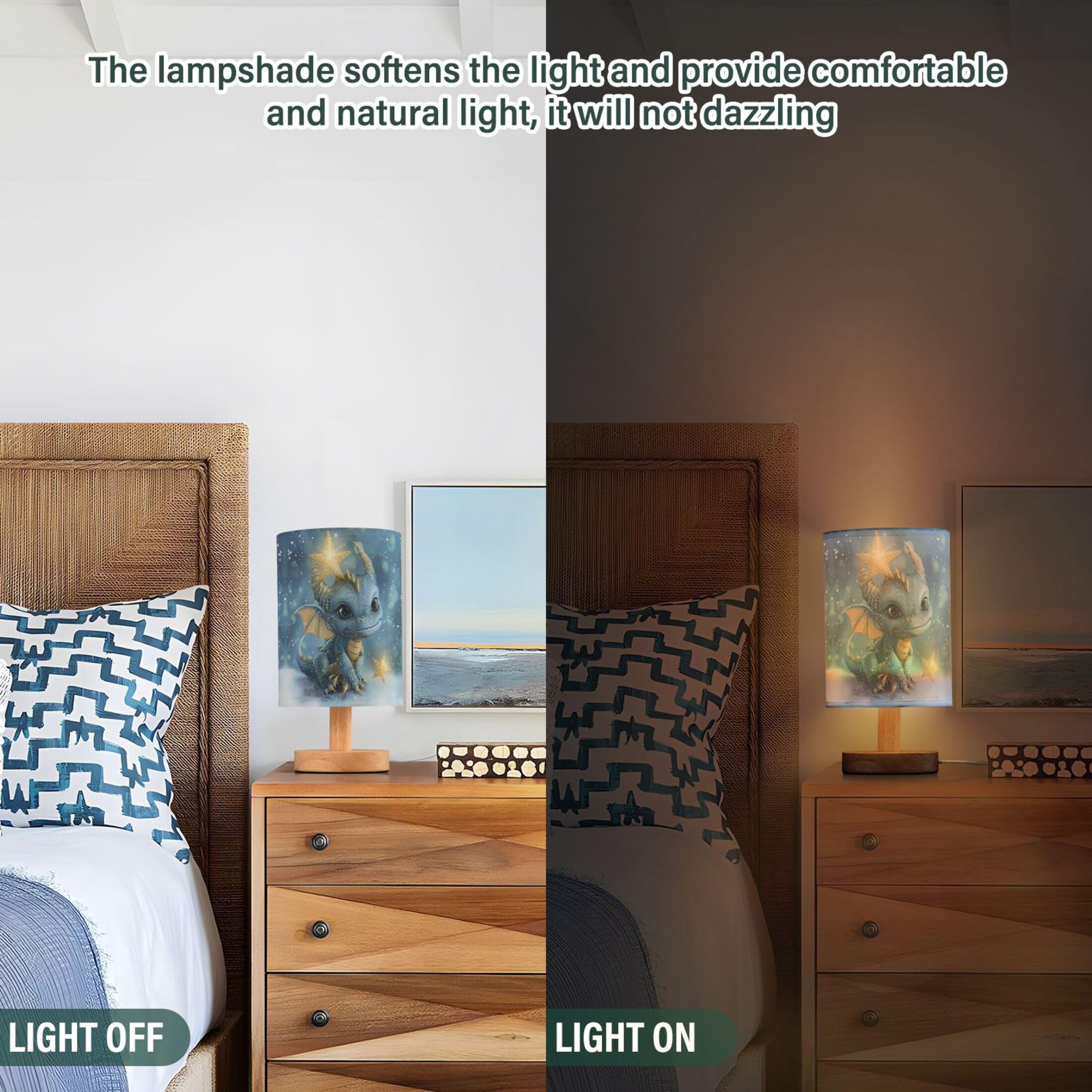 Yyzzh Table Lamp Watercolor Dragon Baby Animal Nightstand Lamp With Wood Base Fabric Lamp Shade Bedside Desk Lamp For Living Room Bedroom Kids Room Office