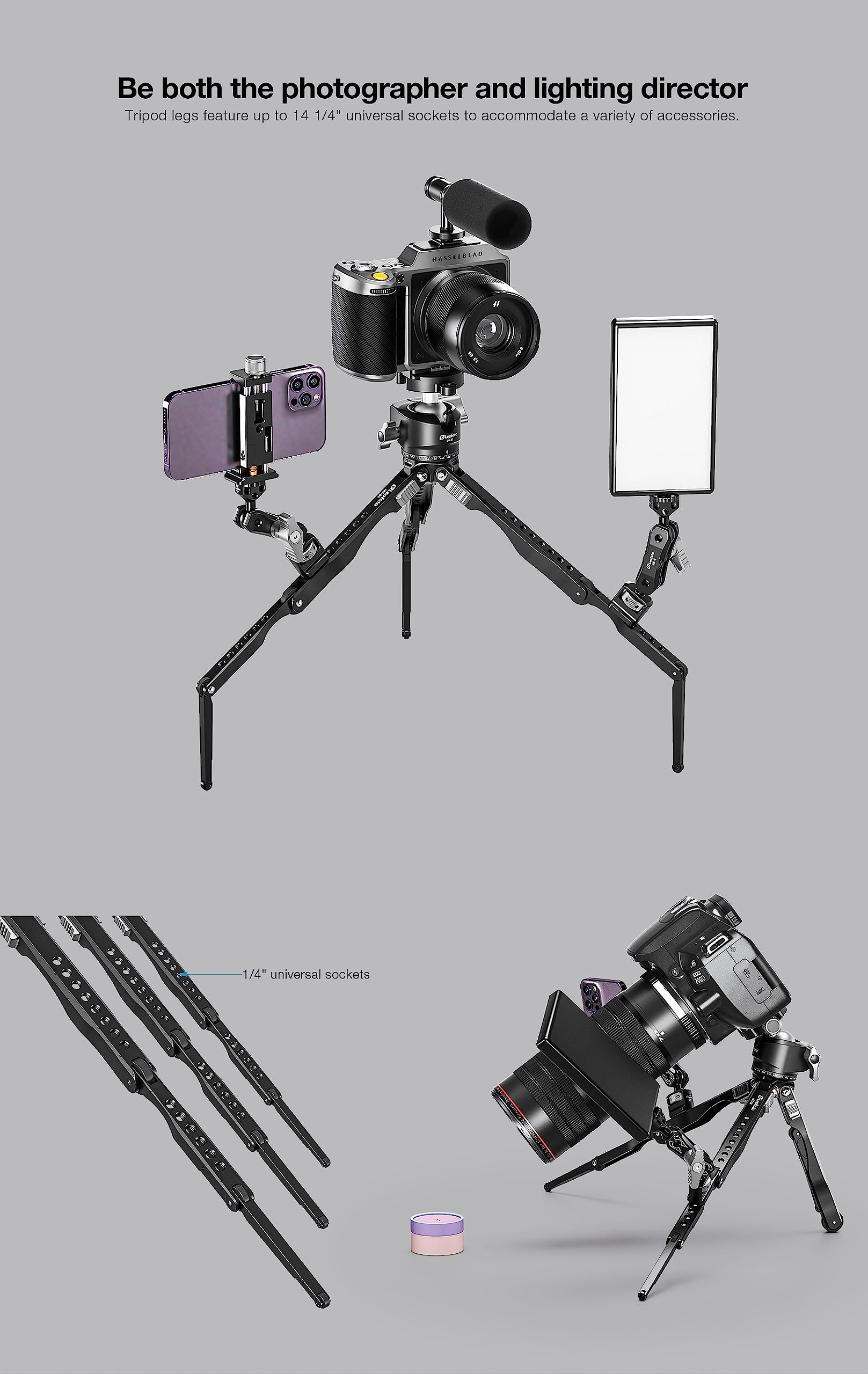 Leofoto Mt-04 Tabletop Tripod, Aluminum Mini Tripod, 3 Leg Sections, Foldable Leg, Portable And Compact, 1/4" Accessories Thread, 3/8" Mounting Stud (Mt-04+Lh-30)