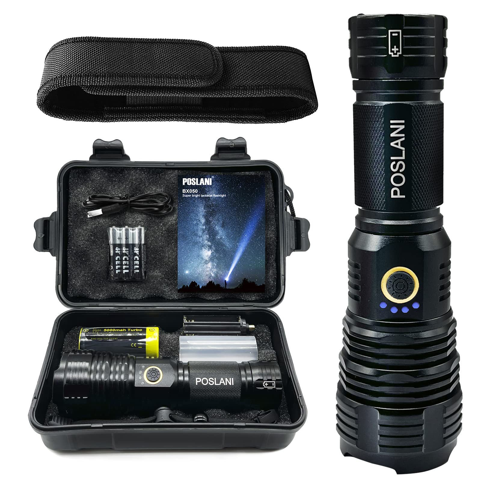 Poslani Flashlights Led High Lumens Rechargeable, Extremely Bright 50000 Lumens Flashlight, Ipx67 Water Resistant, 5 Light Modes, Zoomable Tactical Flashlight For Emergency Camping 