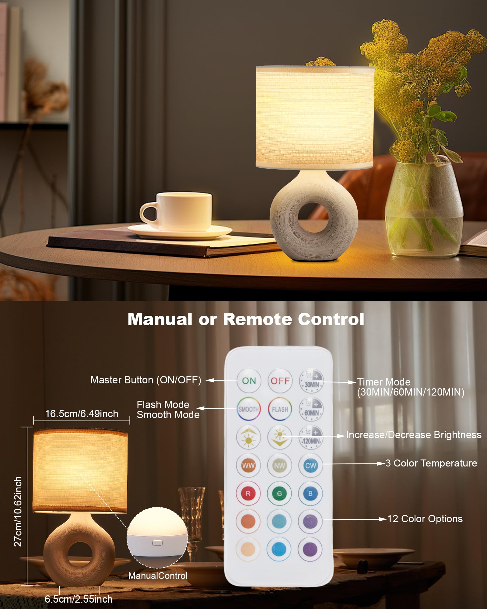 Umexus Small Cordless Table Lamp With Timer & Dimmer, Battery Operated Rechargeable 10.6’’ Lamp With Remote, Portable Light For Bedroom Living Room Outdoor Patio Bedside Bathroom Fabric Shade Beige