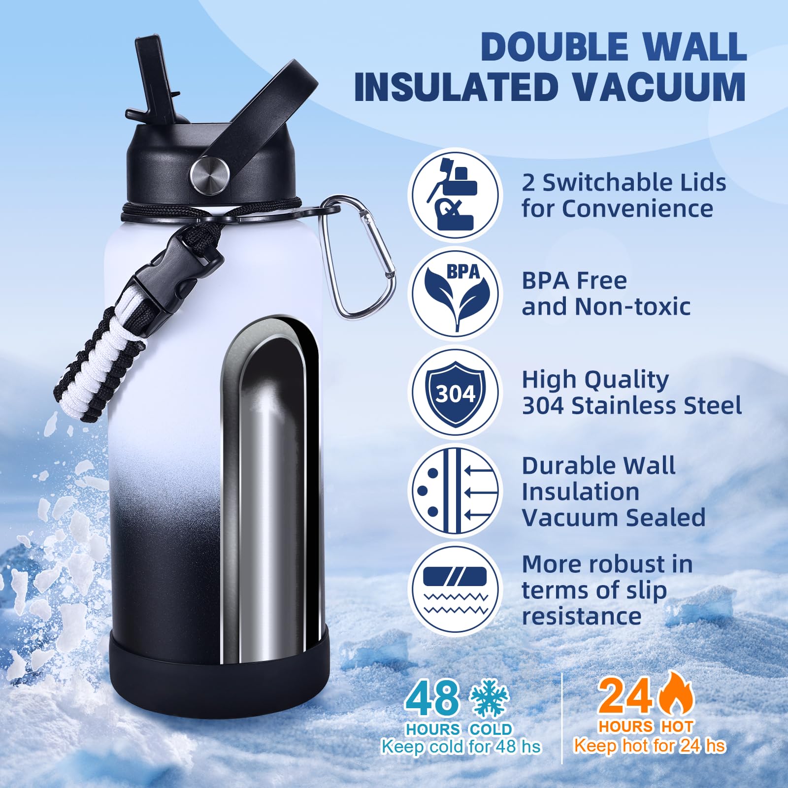 Insulated Water Bottle, 32 Oz Stainless Steel Wide Mouth Water Bottles With 2 Leak Proof Lid