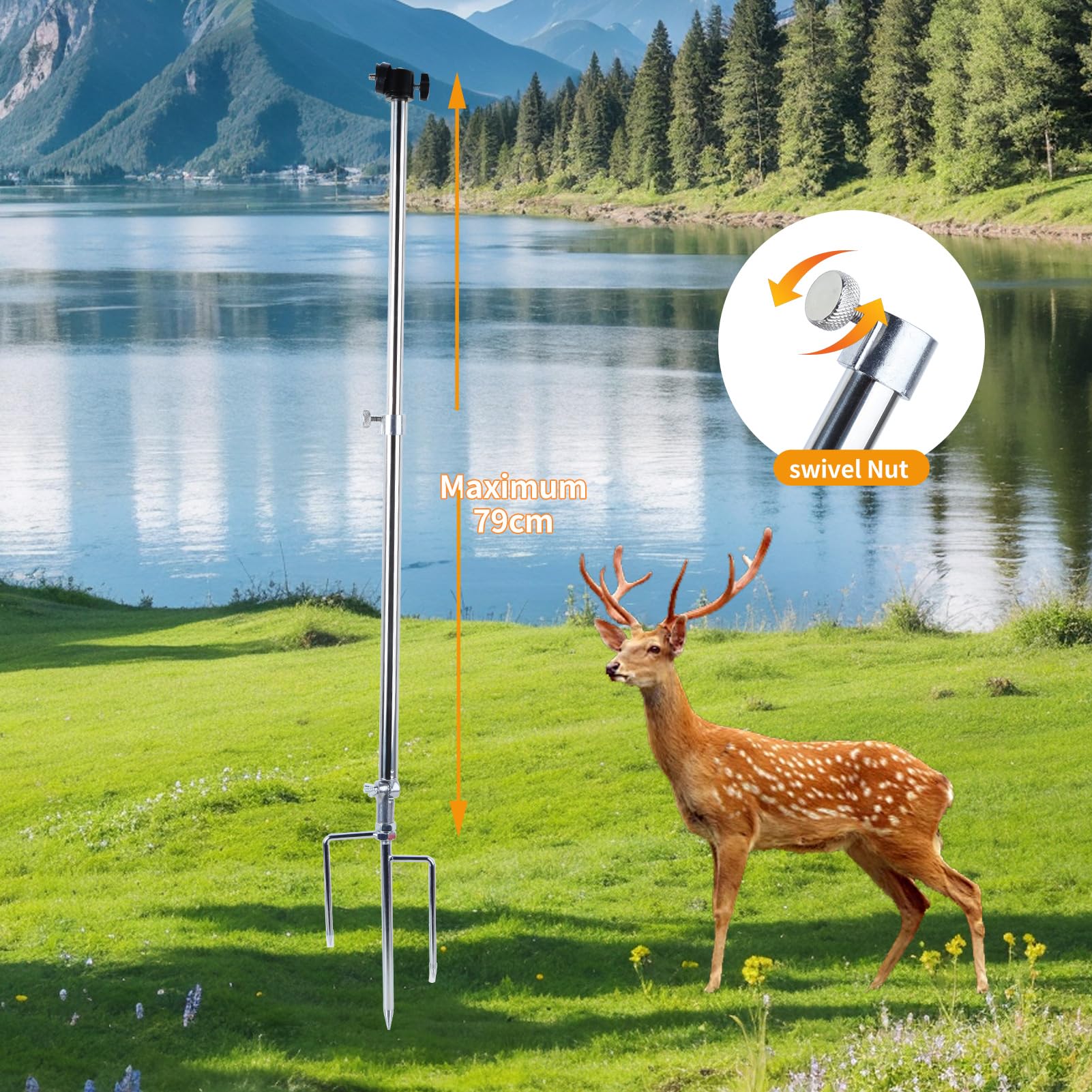 Manifish 1 Pack Trail & Game Camera Mount Stand Thick Foldable Stainless Ground Rod 360° Adjustable Universal Thread Connection 1/4''-20 (6 Mm) For Trail Camera Deer Cam Accessories/Hunting Trail Camera Stake