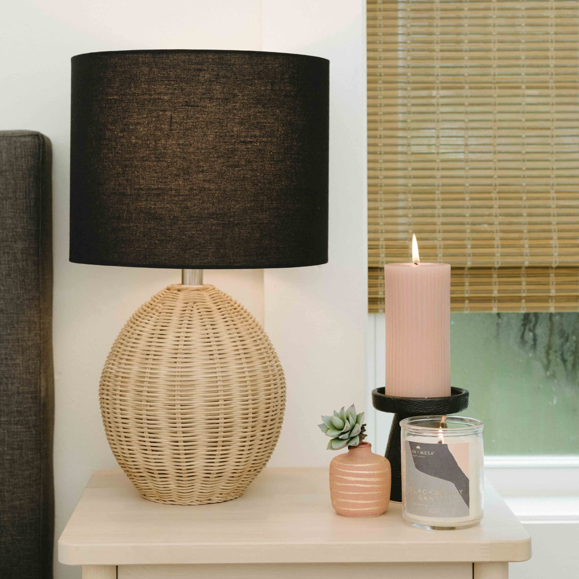 Main + Mesa Boho Woven Rattan Table Lamp With Black Linen Shade, Natural
