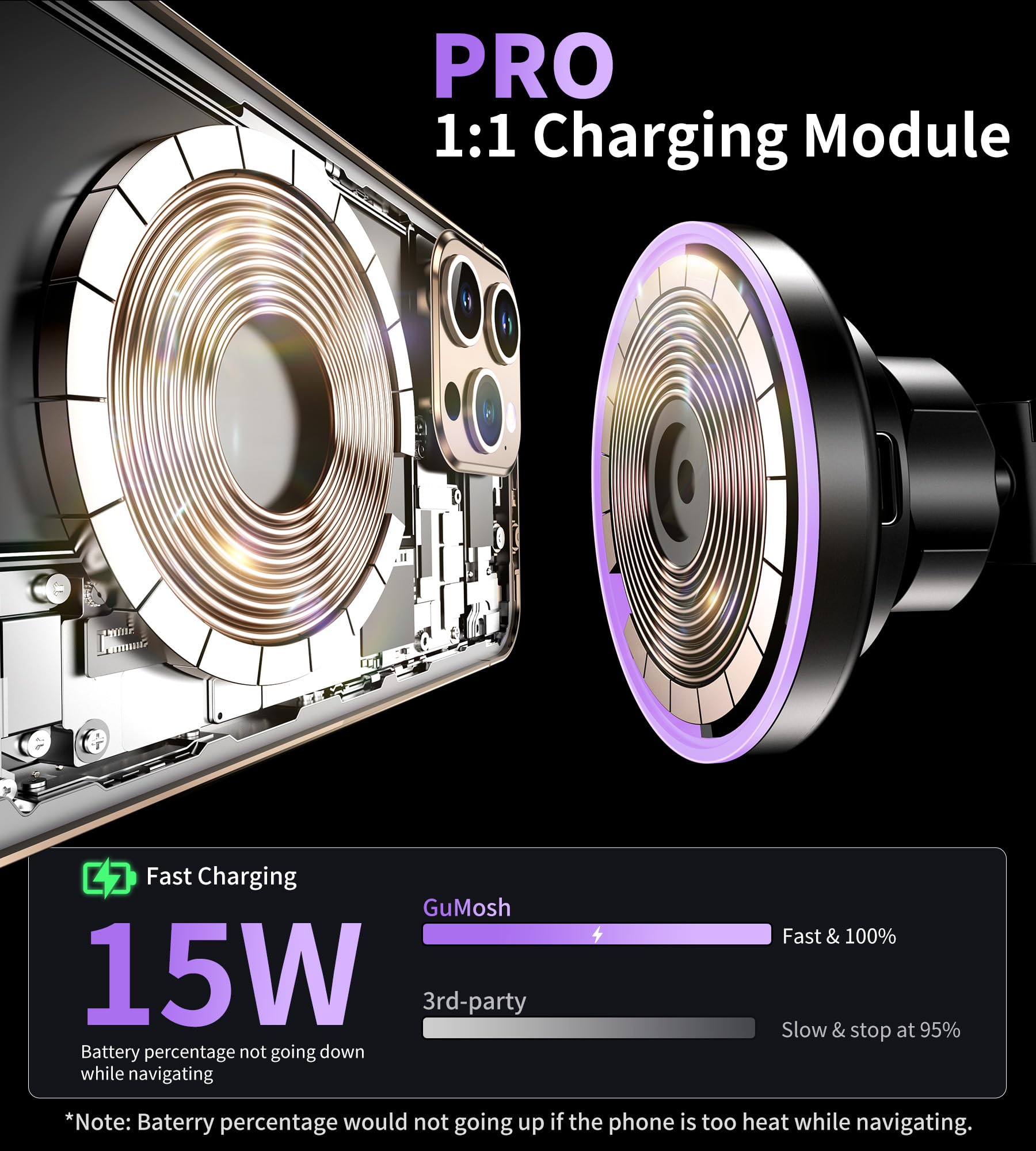 Gumosh For Magsafe Car Mount Charger Dash Vent Windshield Wireless Car Charger With Led Light, Strong Magnetic Phone Holder For Car For Iphone 16 15 14 13 12 Series, Fit Magsafe Accessories (Purple)