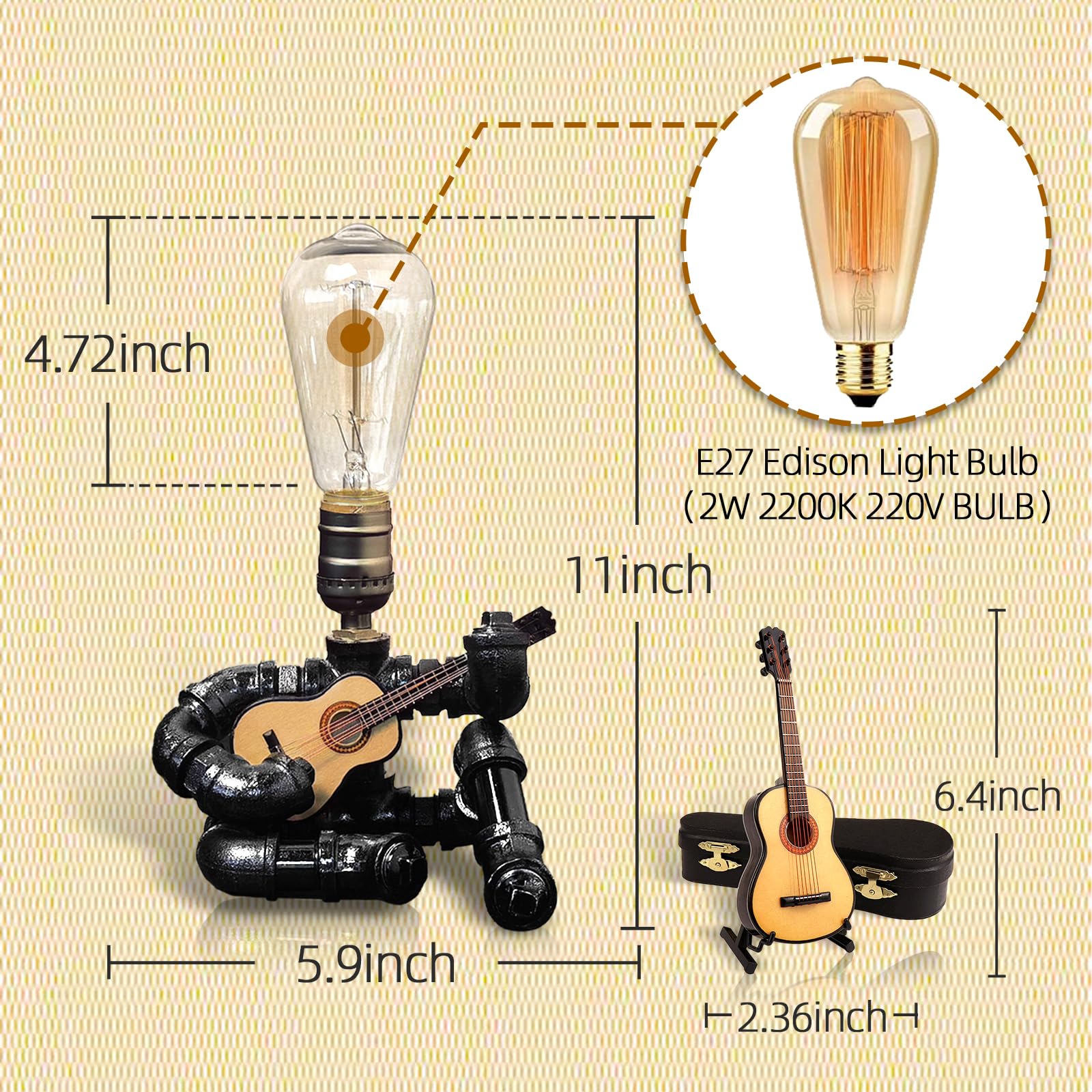 Chxtx Music Guitar Table Lamp - Cool For Men & Music Lovers - Edison Bulb Steampunk Pipe Lamps - Microphone Players Art Decor (Wood)