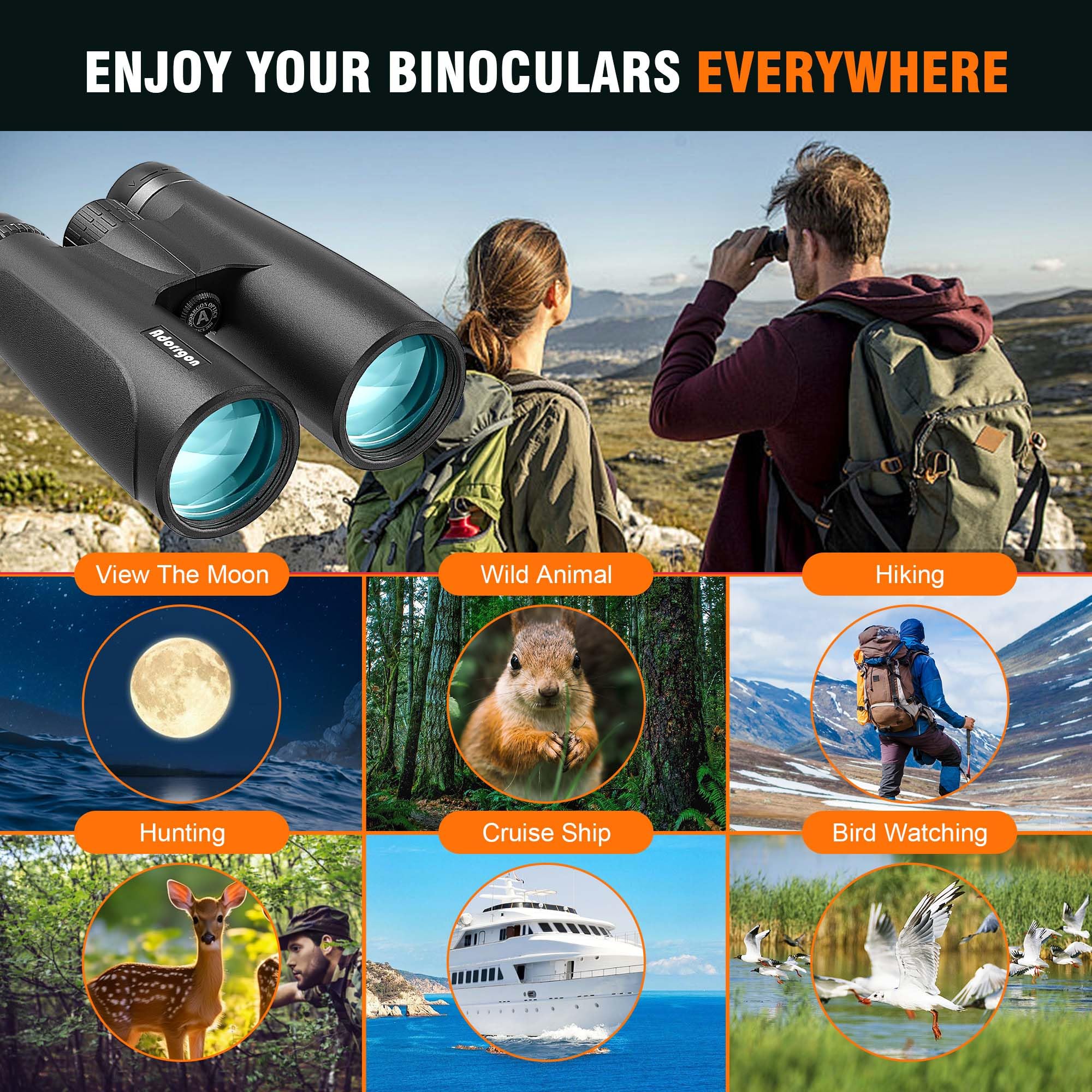 Adorrgon 12X54 Hd Binoculars For Adults High Powered - Large View Bak4 Prism Binoculars With Clear Low Light Vision - Lightweight Waterproof Binocular For Bird Watching Cruise Travel Hiking Concert Stargazing