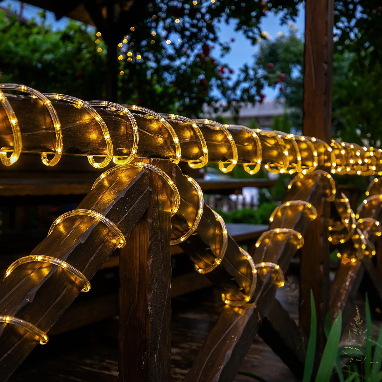 Jnaurb Solar Rope Lights, 66Ft 200Led Solar String Lights, 8 Modes Waterproof Solar Powered Outdoor Light, Flexible Clear Tube Light For Garden, Backyard, Patio, Deck, Porch, Pool, Tree Decor - Warm White