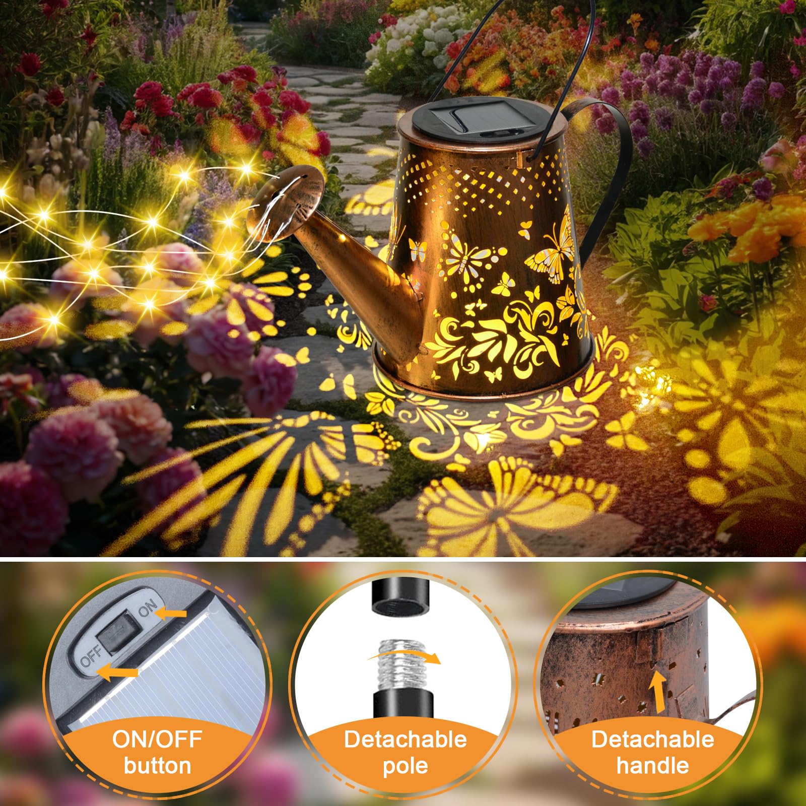 Fohil Solar Garden Lights, Solar Watering Can Lights Garden Decor, Waterproof Retro Metal Hanging Solar Lantern Outdoor Decorations For Garden Porch Lawn Driveway Backyard Pathway