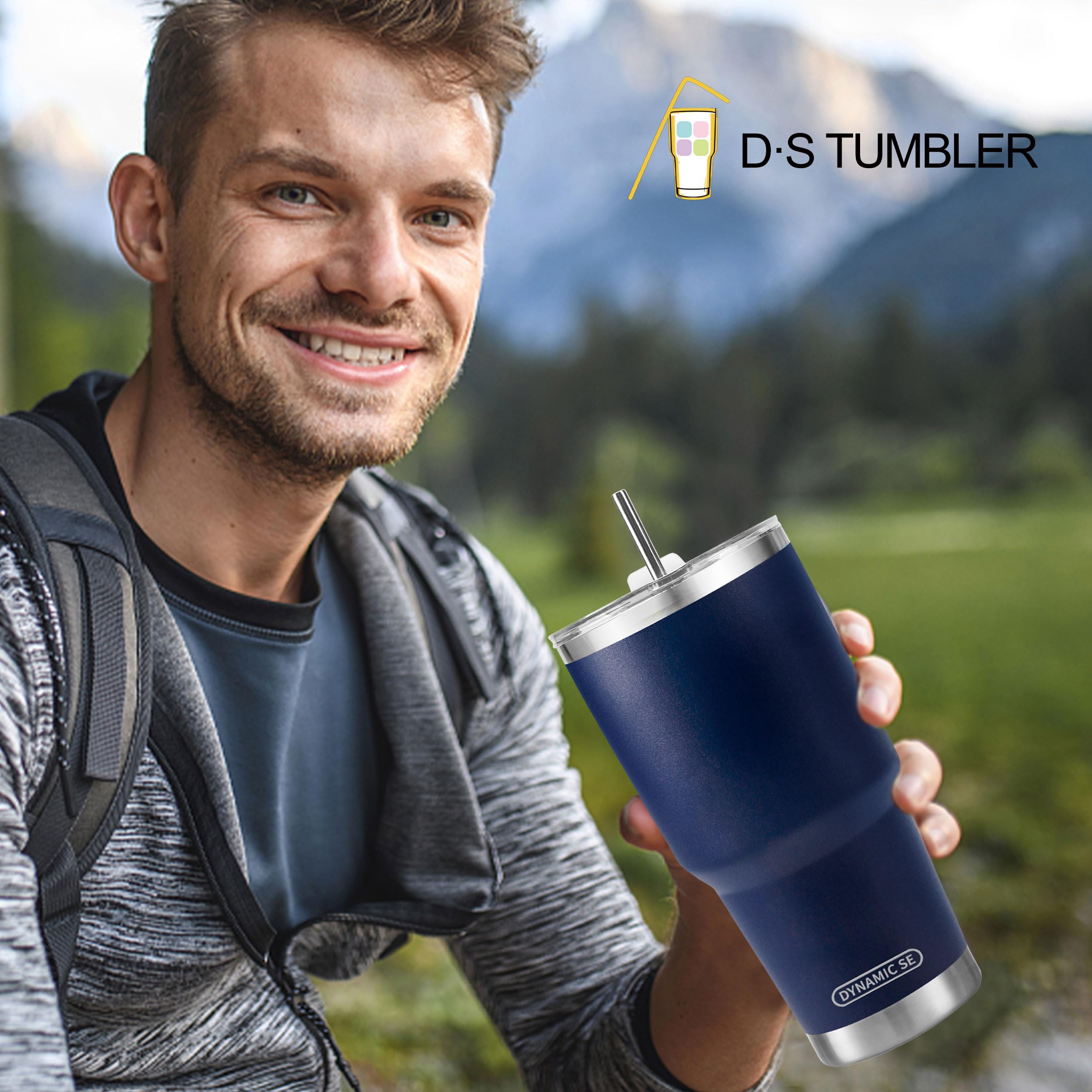 D·S 30 Oz Navy Tumbler Stainless Steel Double Wall Vacuum Insulated Mug With Straw And Lid