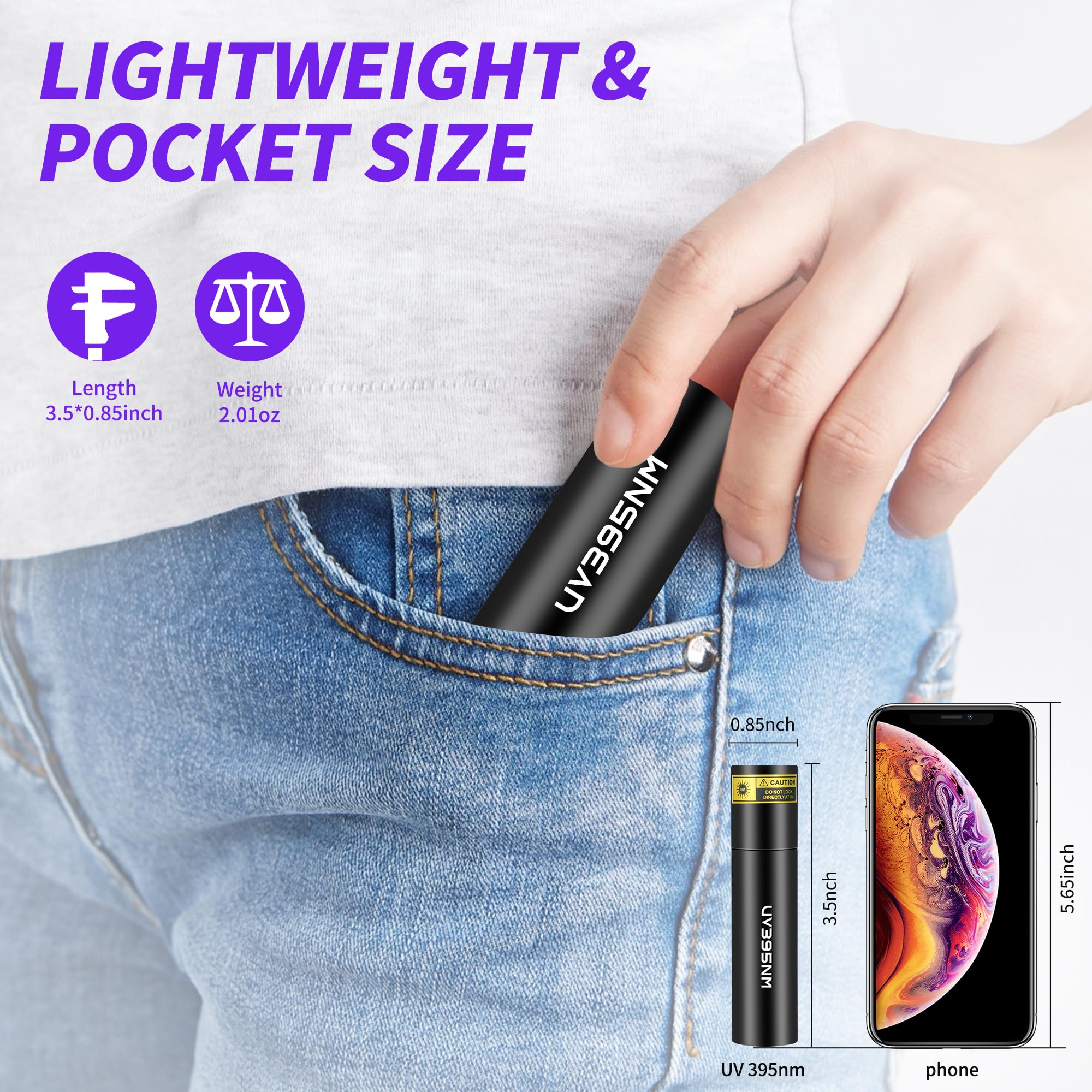 Wmcodmw Uv Flashlight Rechargeable 365Nm & 395Nm Black Light For Pet Urine Detection, Usb Portable Blacklight Mini Powerful Woods Lamp Led Ultra Violet Flashlights Uv For Resin Curing, Leak Detection, Travel