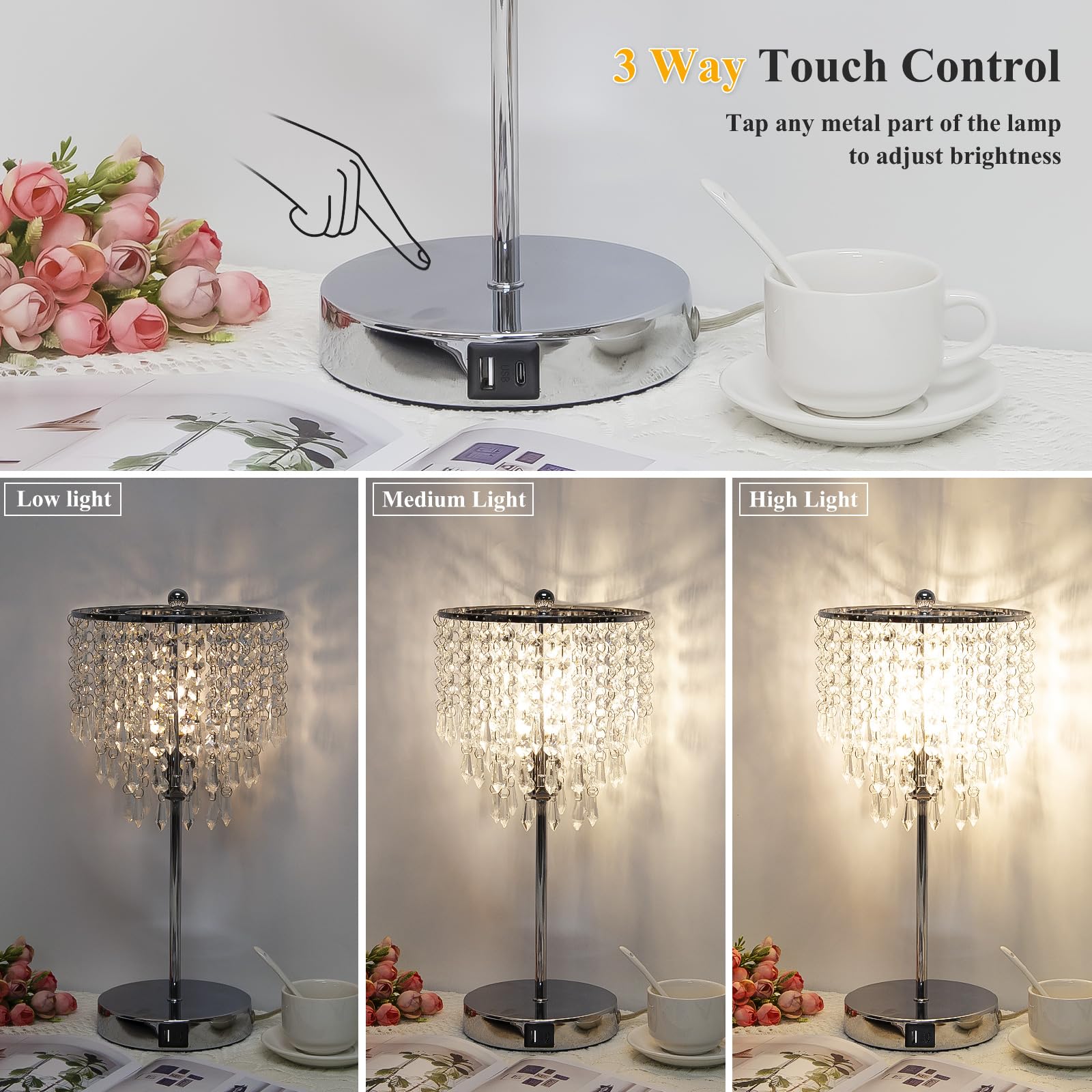 Seaside Village Touch Control Crystal Table Lamp With Usb C+A Charging Ports, 3-Way Dimmable Bedside Touch Lamp Decorative Nightstand Lamp With Elegant Lamp Shade For Living Room Bedroom, B11 Led Bulb Included