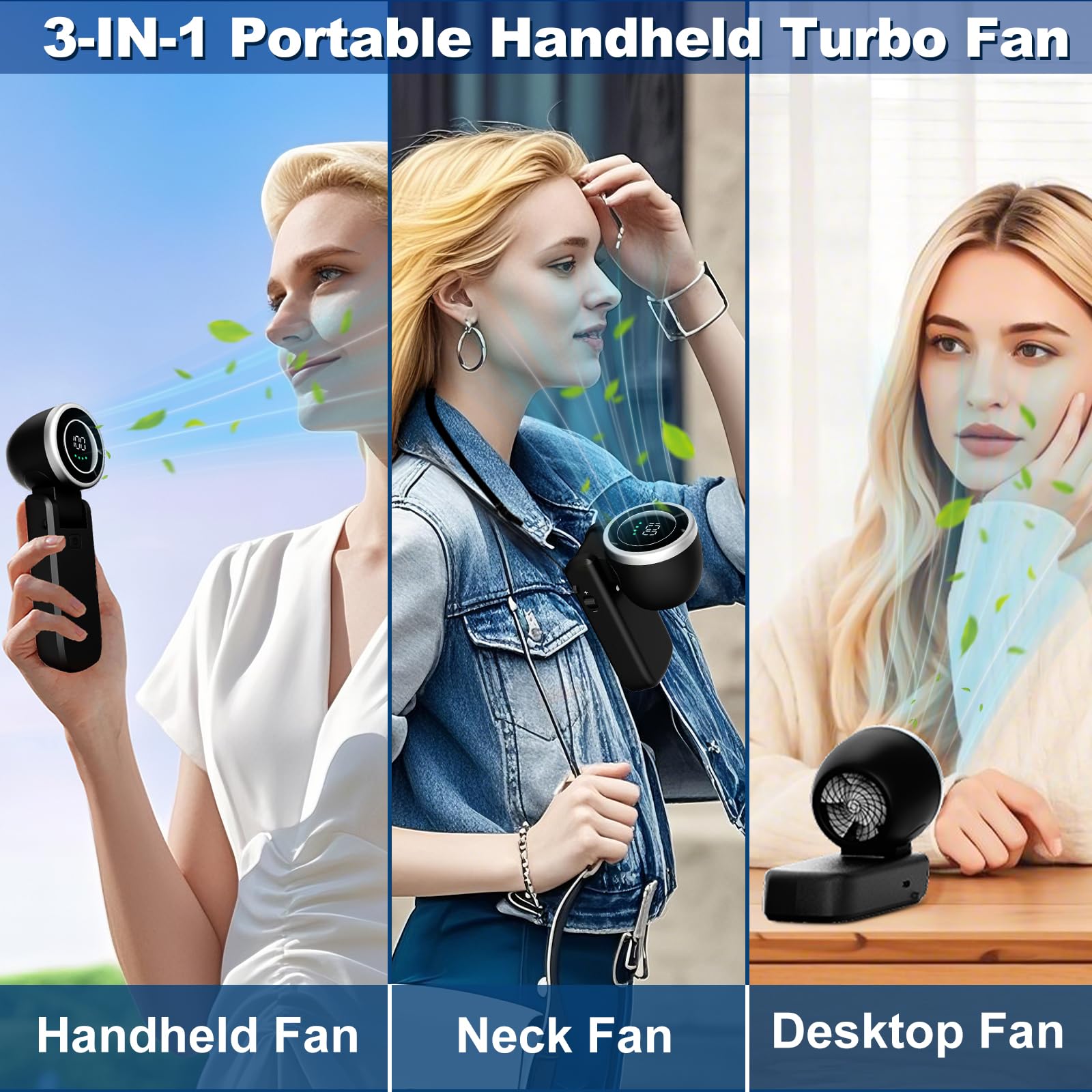 Portable Handheld Turbo Fan, 100 Gear Wind, 3-In-1 Handheld Mini Fan Foldable W' Air Turbo Tech Cool