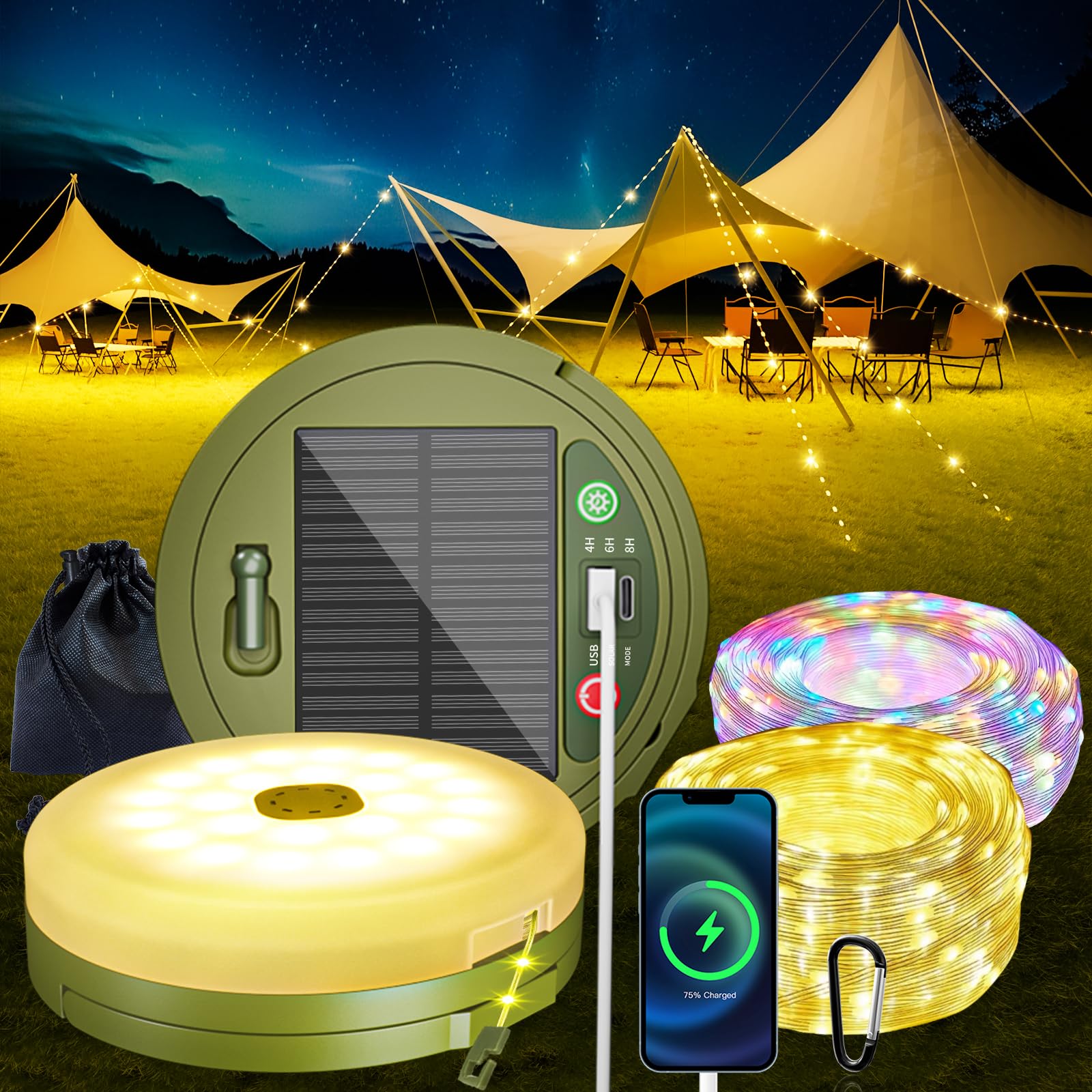 Hurimatan Solar Camping String Lights For Outside, 33Ft Retractable Colored Fairy String Lights Camping With Snap Portable Waterproof Solar Powered Camp Light For Tent Awning Decor