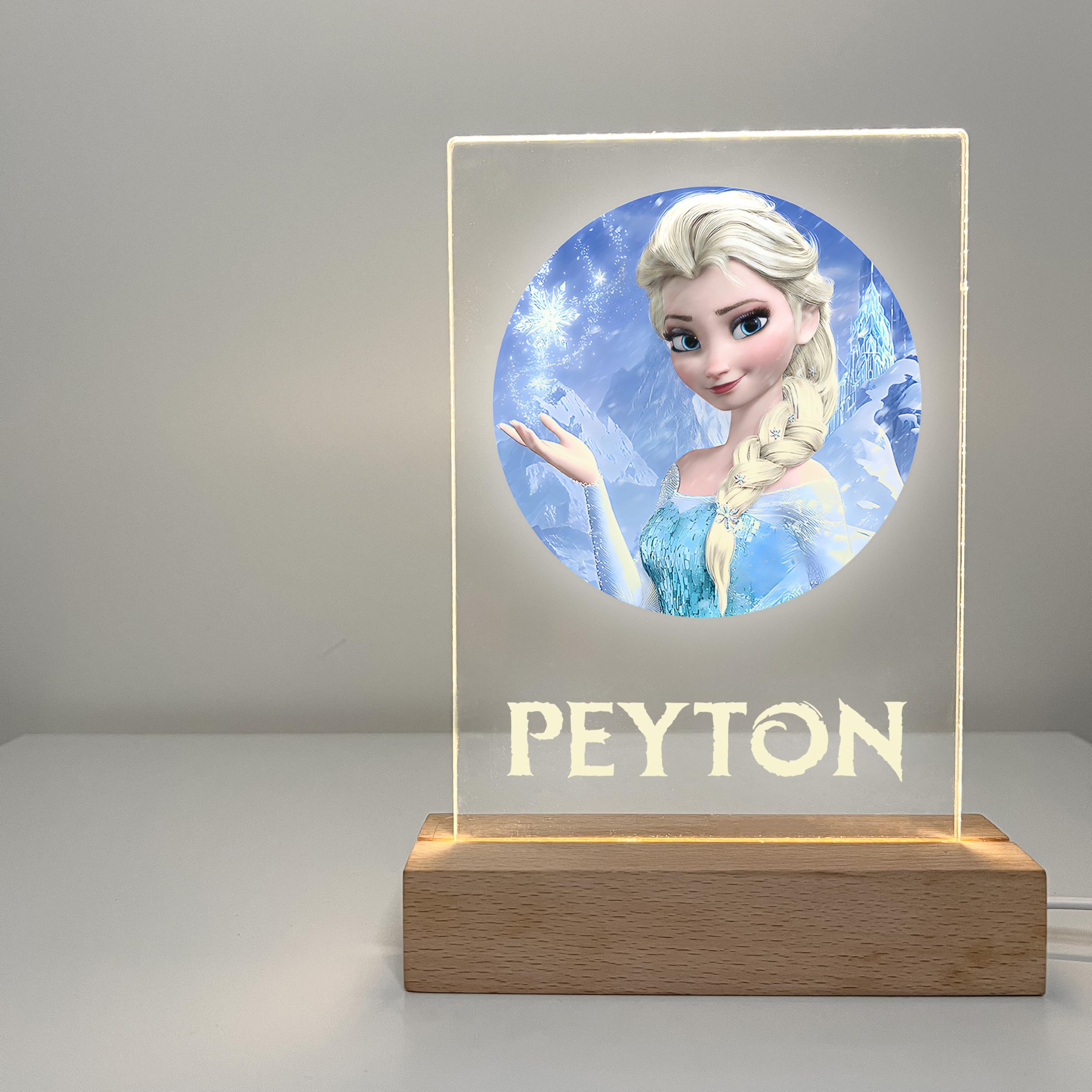 Mirror Mania Frozen Premium Elsa Wood Base Stand Soft Night Light Up Table Desk Lamp Led Princess Sign Personalized Engraved With Your Name On It, Made To Order Home Girls Room Decor, A Must Have