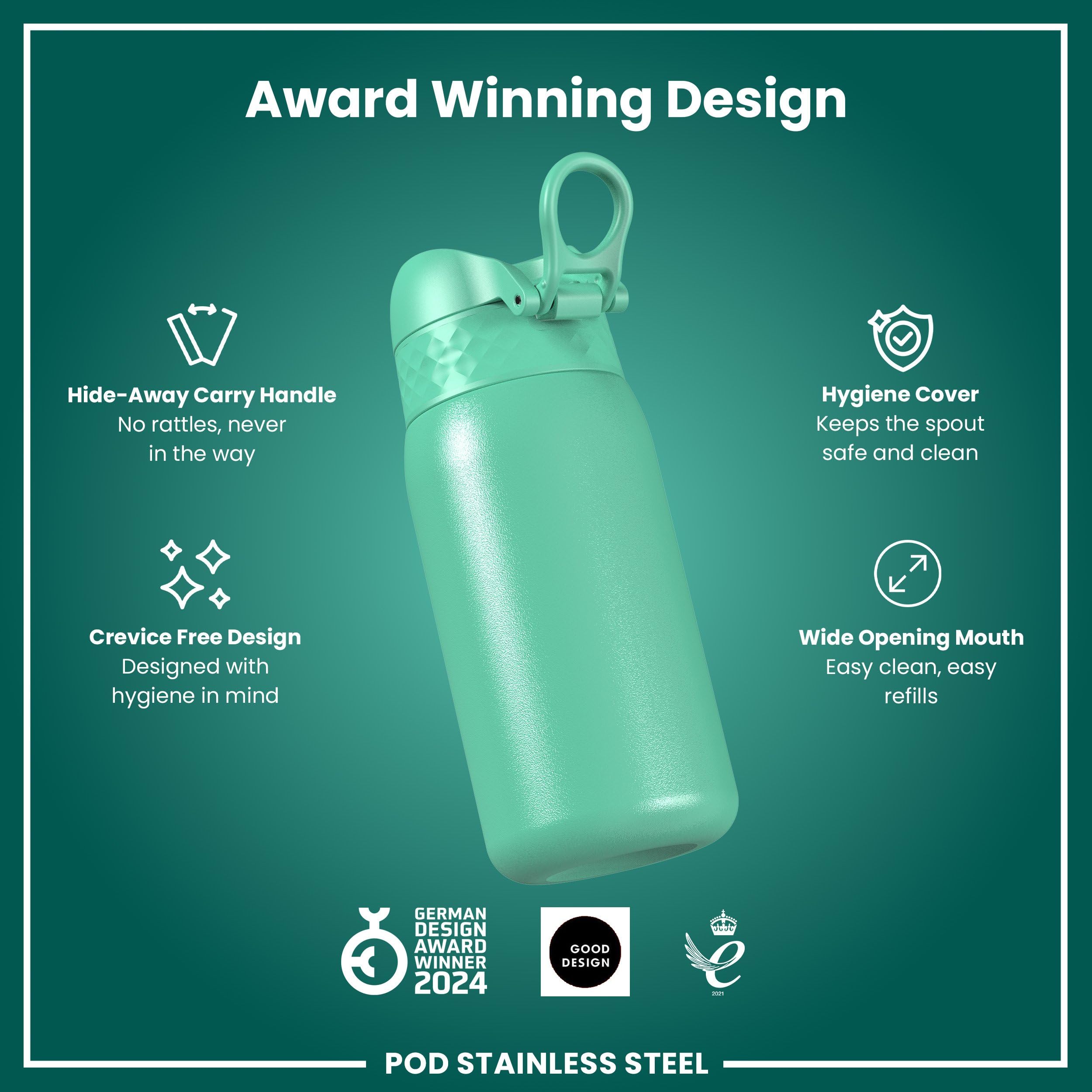 Ion8 Kids Water Bottle, Steel 400 Ml/13 Oz, Leak Proof, Easy To Open, Secure Lock, Dishwasher Safe