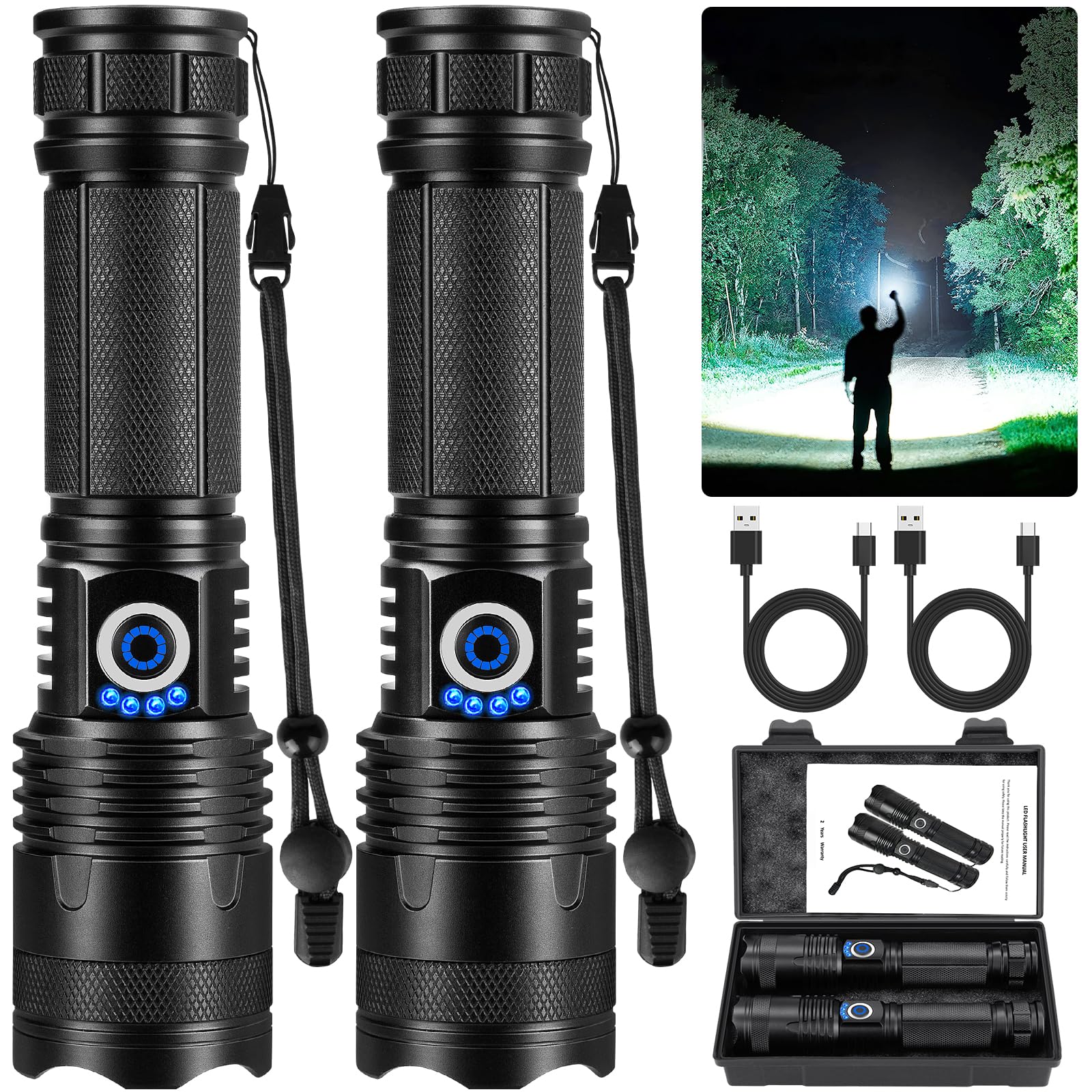Kmivo Rechargeable Flashlights 990,000 High Lumen, 2 Pack Super Bright Led Flashlight With 5 Modes, High Powered Flash Light For Home, Camping, Outdoor, Emergencies, Hiking