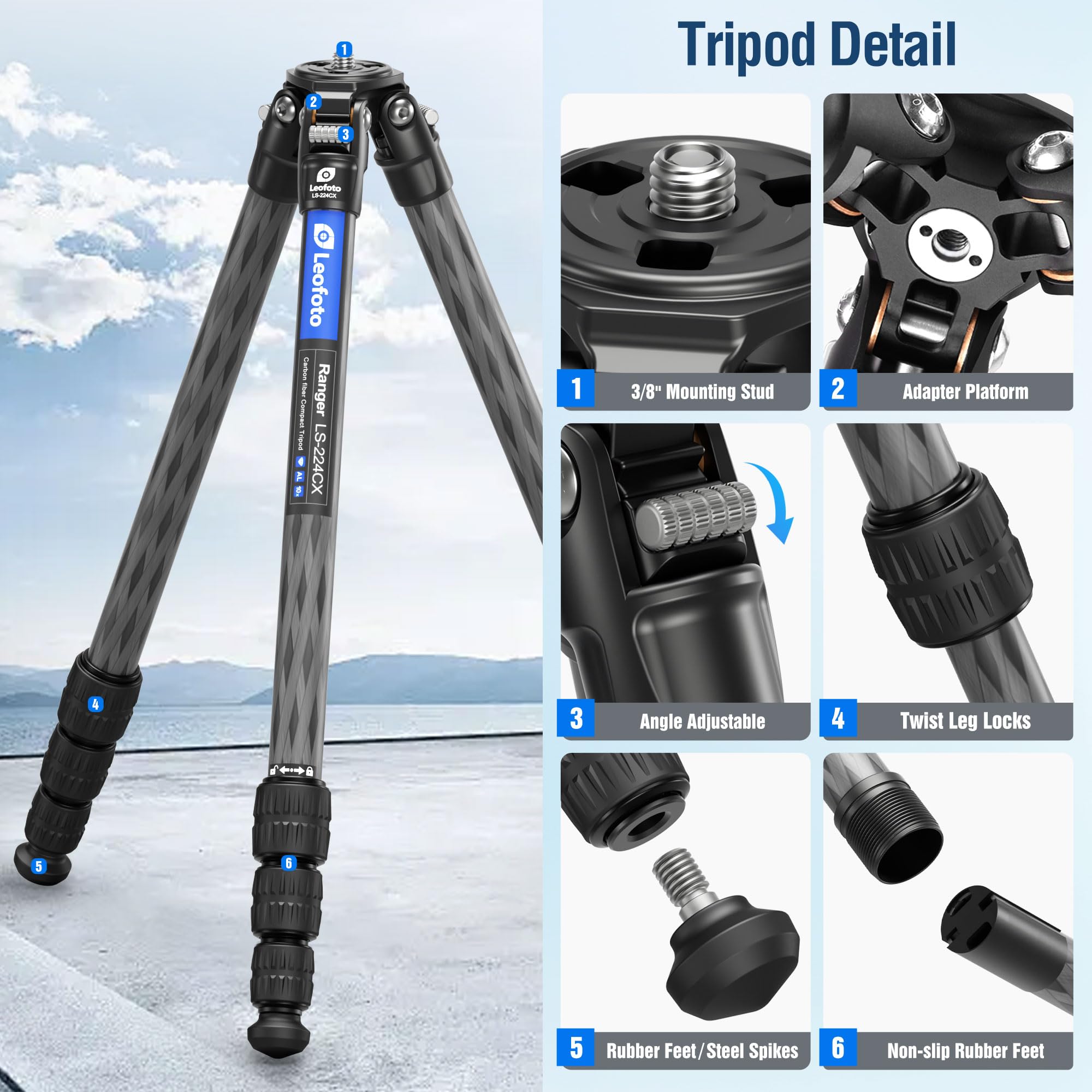 Leofoto 42.2" Carbon Fiber Travel Tripod With 4-Section Leg, Professional Shoot Tripod For Travel/Video/Live Streaming, Max Load 13.23Lb With 1/4"-20 Threaded Accessory Socket (Ls-224Cx)