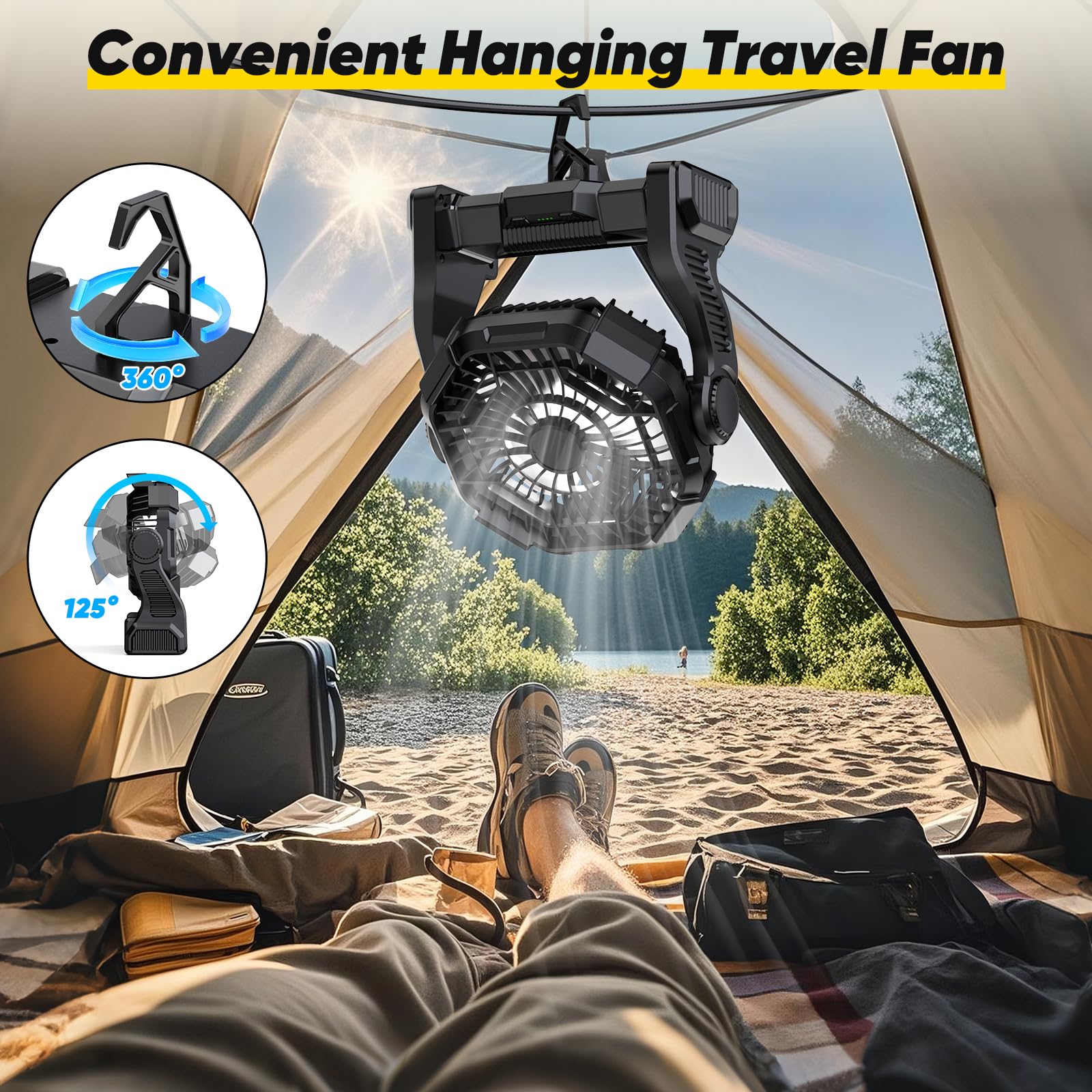 Portable Fan Rechargeable, Real 10000Mah Battery Powered Fan With Led Light And Hook