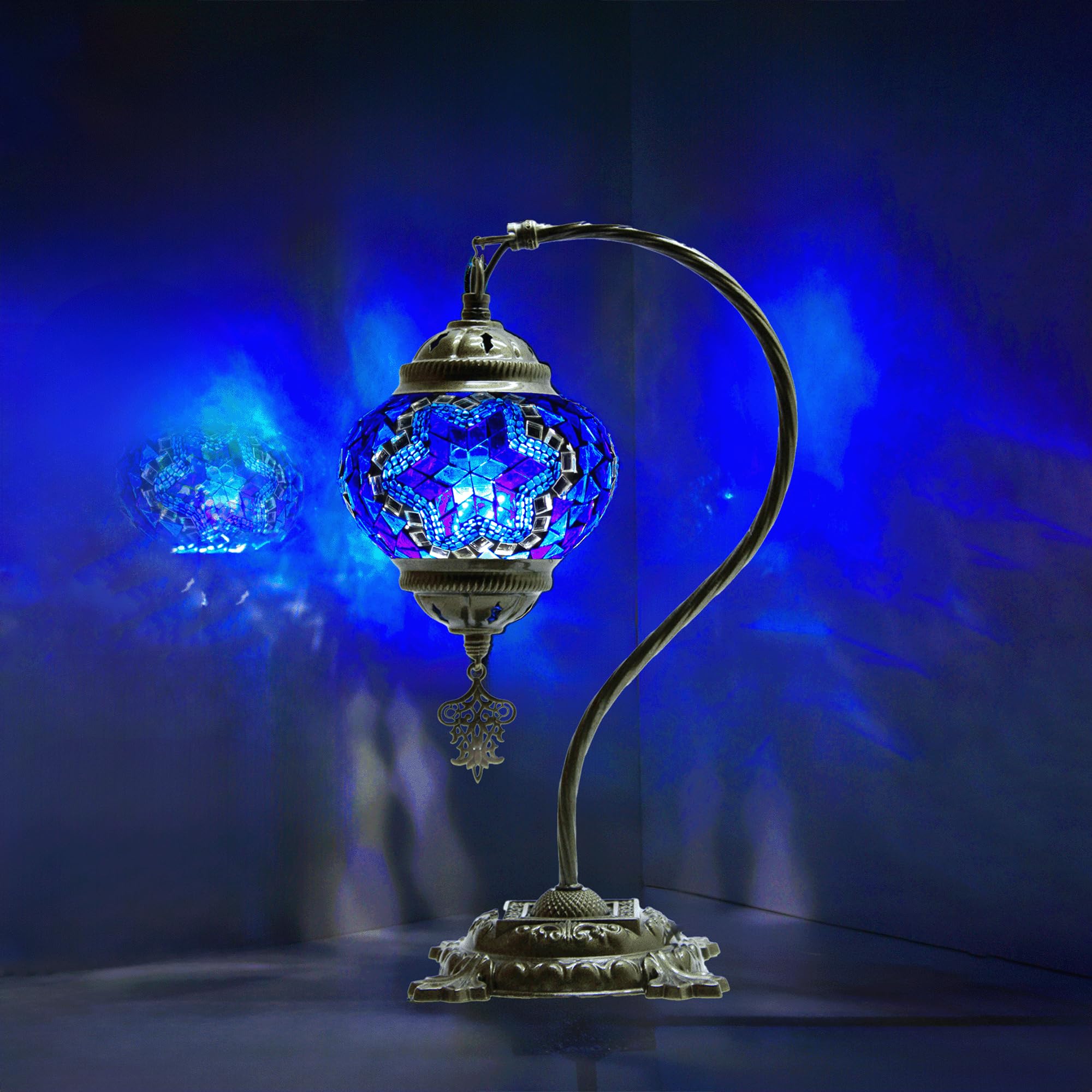 Byturkishlamps Turkish Mosaic Handmade Blue Lamp, Moroccan Swan Neck Table Tiffany Boho Lamps, Bedside Bohemian Rustic Gooseneck Light For Bedroom, Living Room Us Plug & E14 Socket (Azure Glow)