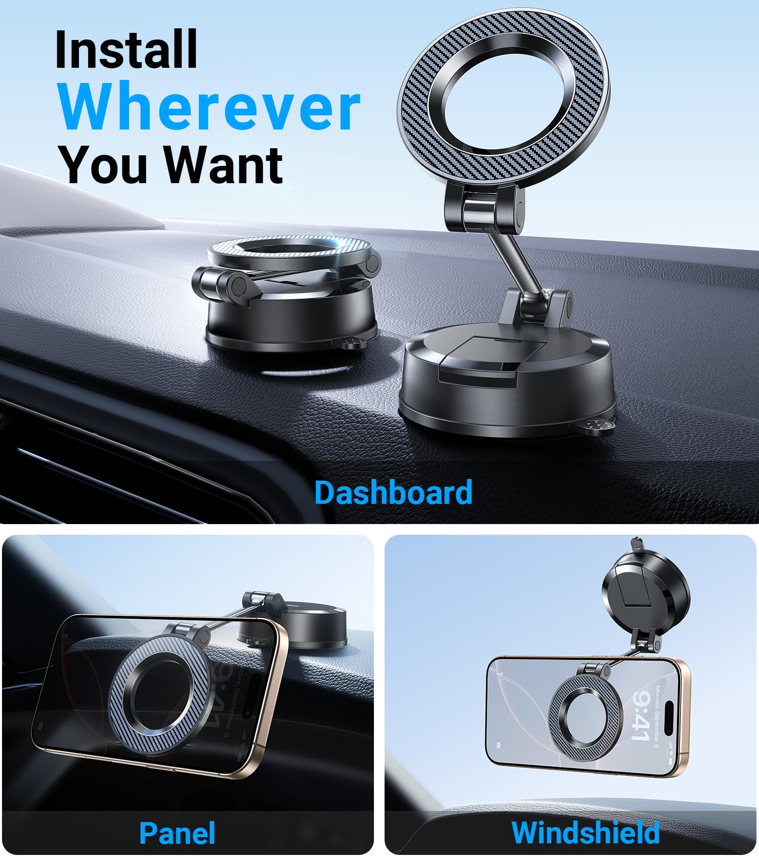 Kaistyle For Magsafe Car Mount【Strongest Suction】Suction Cup Magnetic Phone Holder For Car Phone Holder Mount【360° Adjustable】Foldable Cell Phone Holders For Your Car Truck For Iphone 16 15 14 13 12