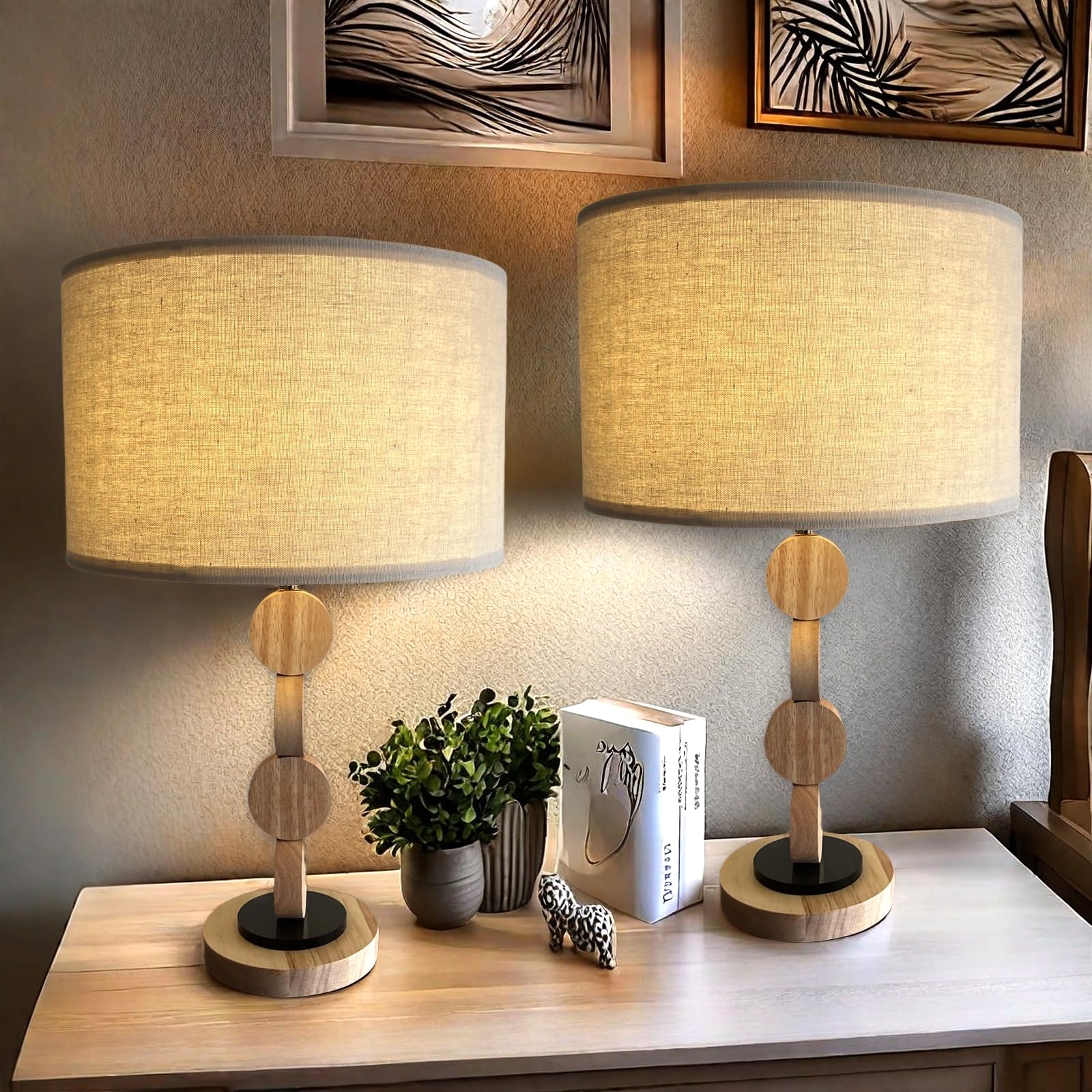 Jingoe 18.8" Modern Wooden Table Lamp Set Of 2, Solid Wood Modern Living Room, Nightstand Bedroom Farmhouse Table Lamp, Linen Lampshade (Includes 2 Bulbs)