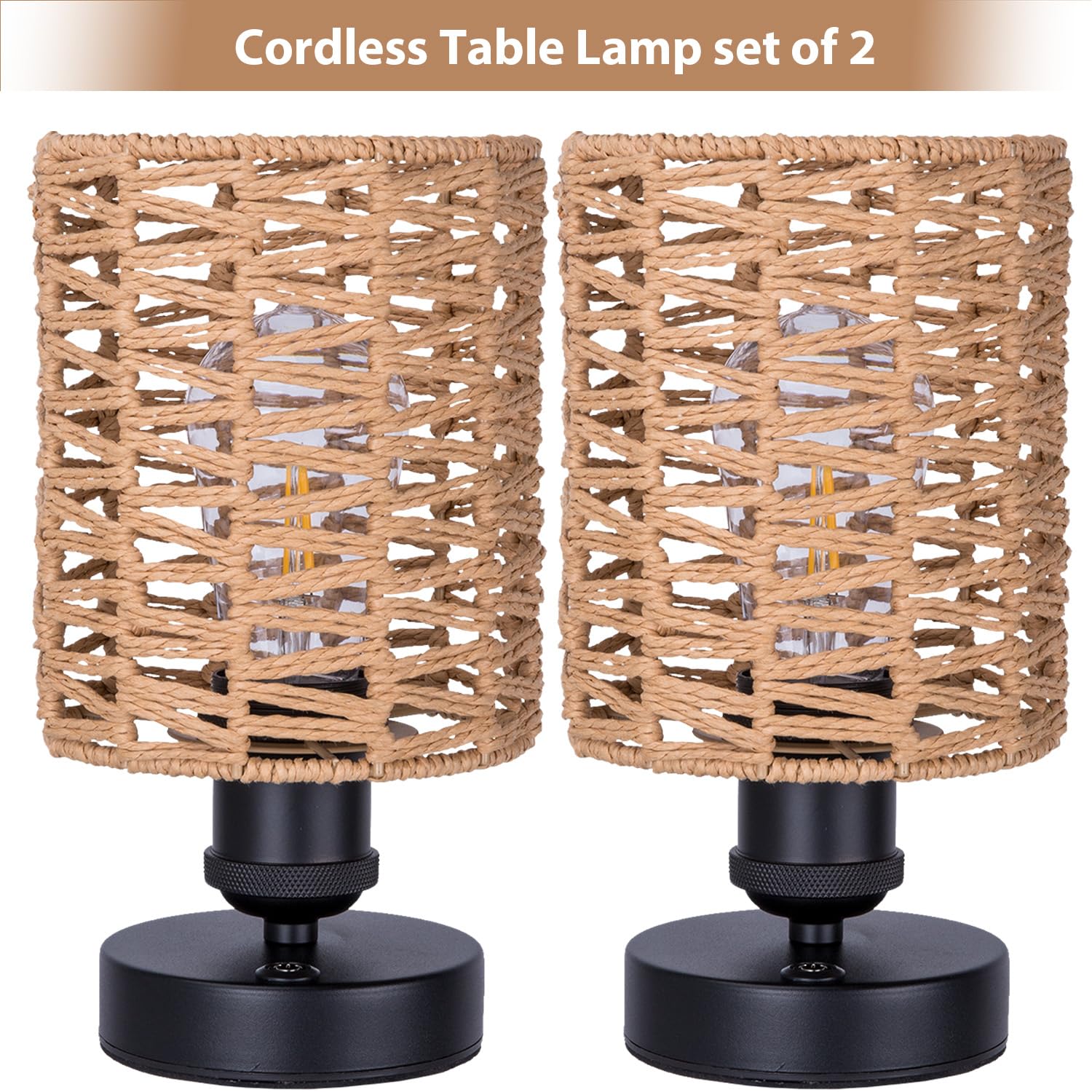 All Fortune Cordless Outdoor Table Lamps, Small Rattan Boho, Rechargeable Battery Operated For Outdoor Patio, Home, Living Room, Bedroom, Bedside - Set Of 2 (Beige-B)