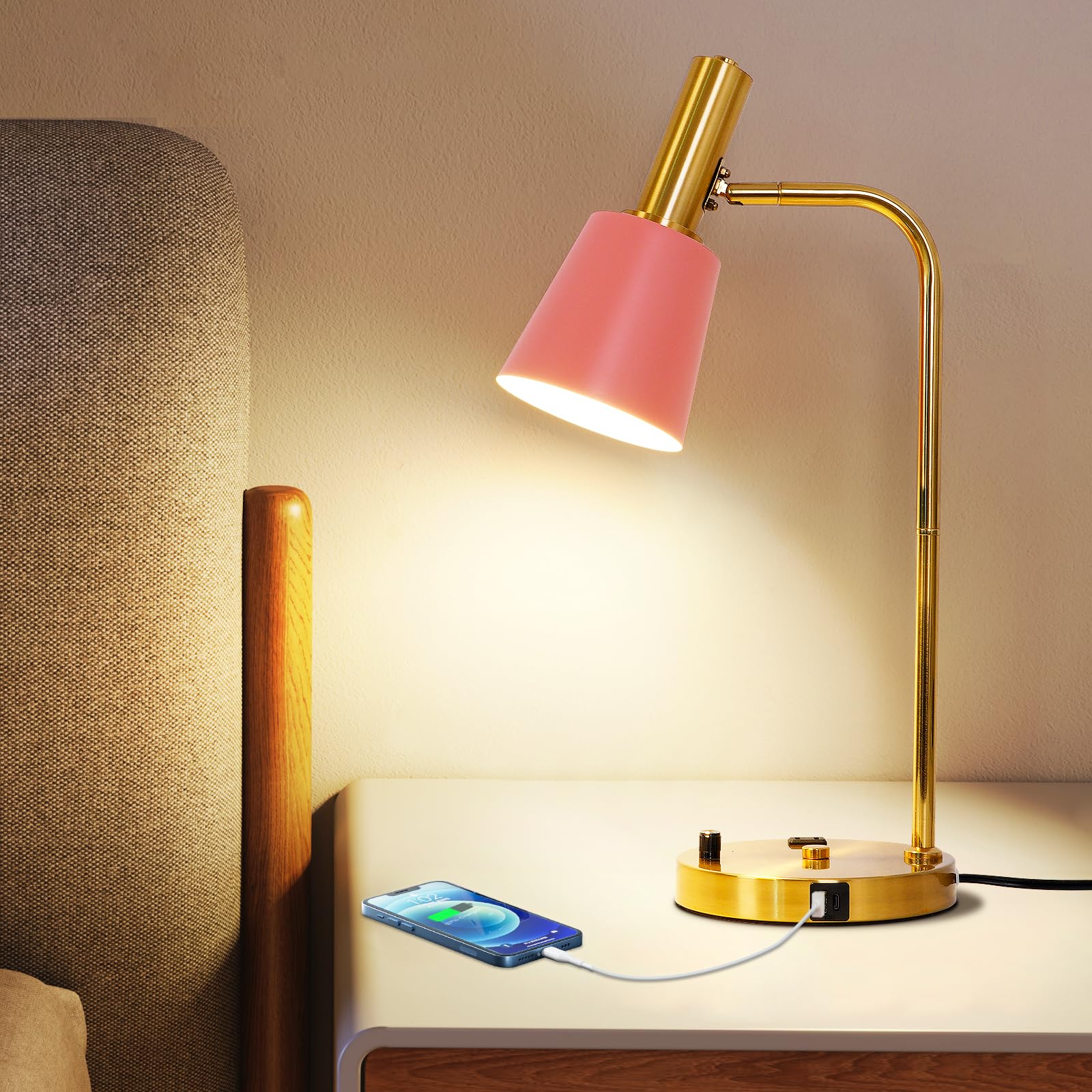 Beaysyty Pink Bedroom Lamp For Nightstand, Dimmable Bulb Table Lamp With Usb C And A Ports, Bedside Light With Ac Outlet For Kids Girls, Desk Lamp With Brass Metal Base