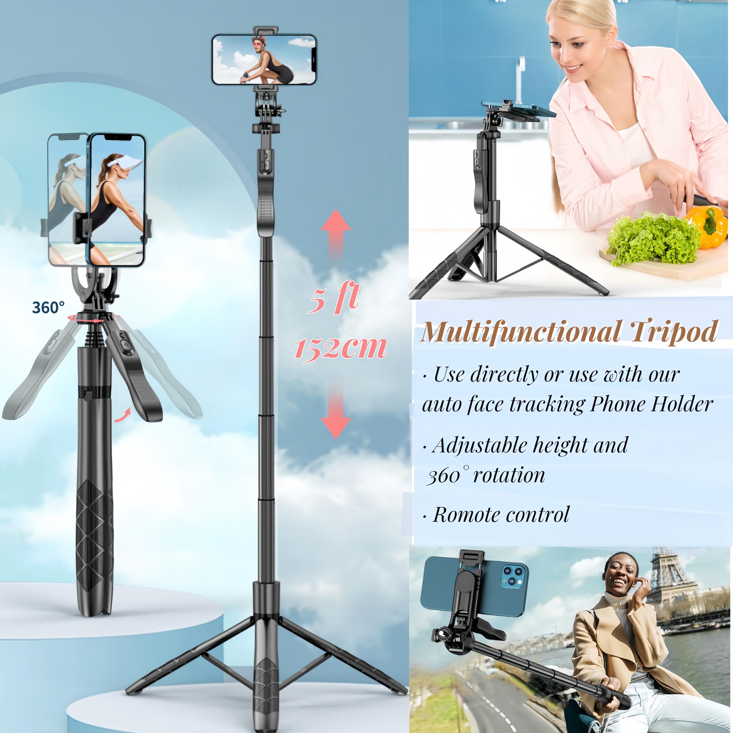 Bizisofon Auto Face Tracking Tripod, 360° Rotation Face Body Tracking Phone Holder, Rechargeable Smartphone Camera Mount Remote & Gesture Control With Adjustable Selfie Stick Tripod Stand For Phone Camera Gopro