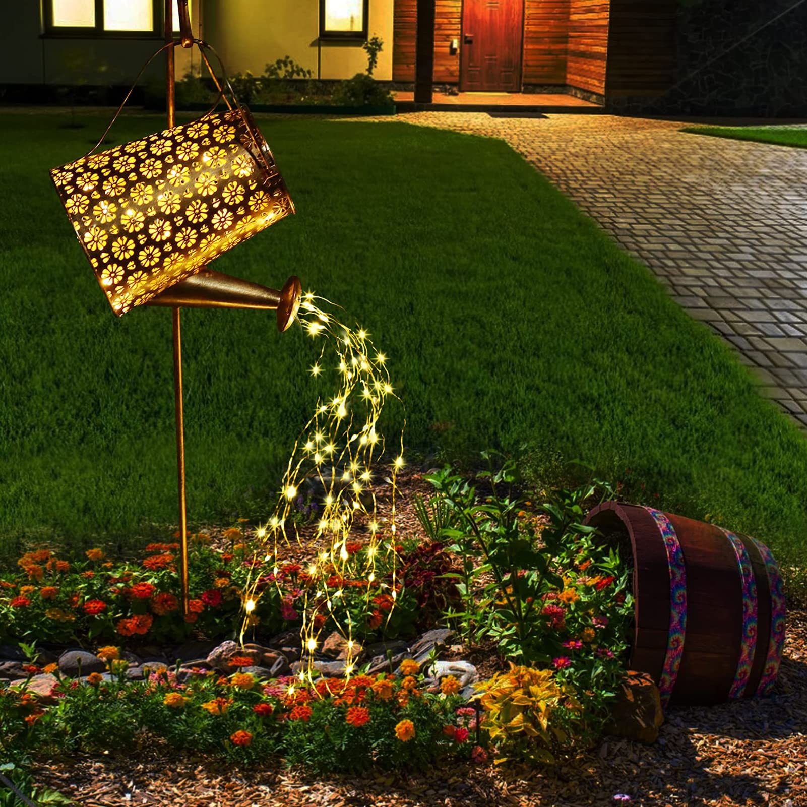 Sitiepa Solar Watering Can With Cascading Lights, Adorable Outdoor Hanging Solar Lantern, Durable Metal Waterproof Garden Lights Cute Addition For Garden Yards Rose Bush Patio Pathway Party