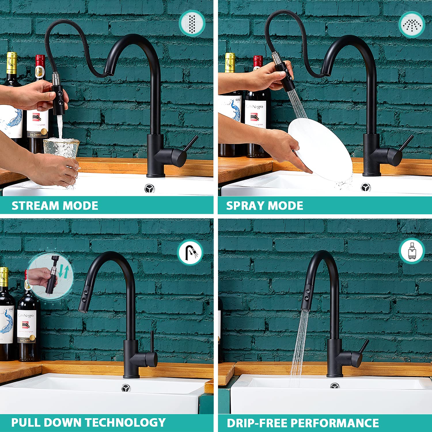 Kinfaucets Black Kitchen Faucet With Pull Down Sprayer,Single Handle Pull Out Kitchen Sink Faucet,Commercial Farmhouse Rv Bar Utility Kitchen Faucets