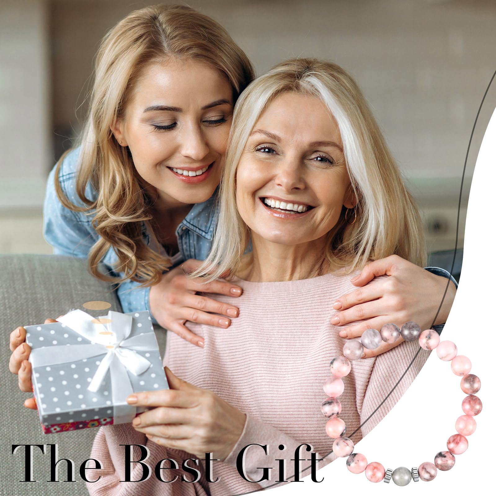 Rossesay 3Pcs For Mom From Daughter Son Mom Birthday Set Moonstone Bracelet Candles Fabric Lamp Bedside Desk Lamps With Wooden Stand For Mother'S Day