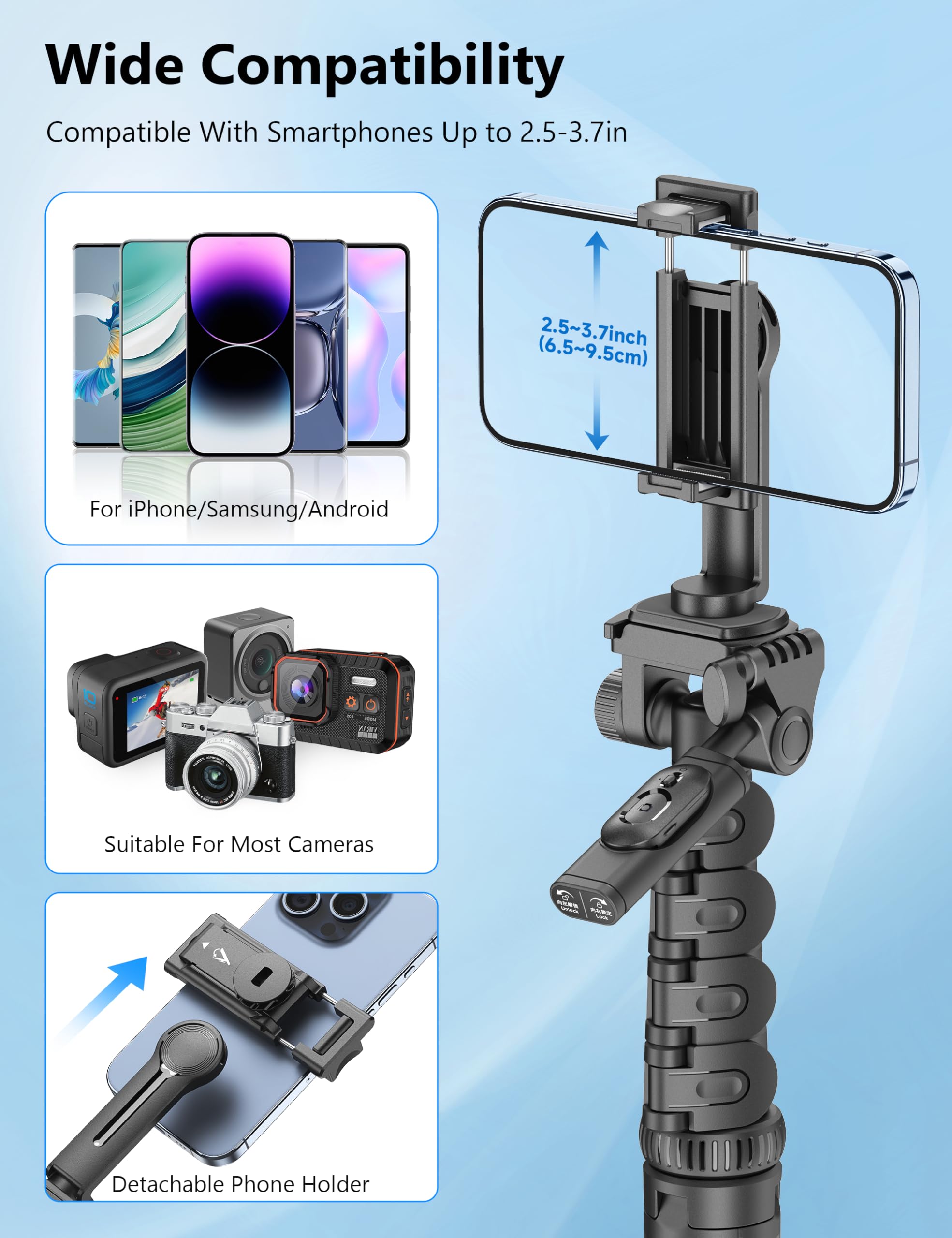 Selfieshow 72" Phone Tripod & Selfie Stick, Extendable Cell Phone Stand With Detachable Remote & Phone Holder, Aluminum Tripod Compatible With Iphone Android