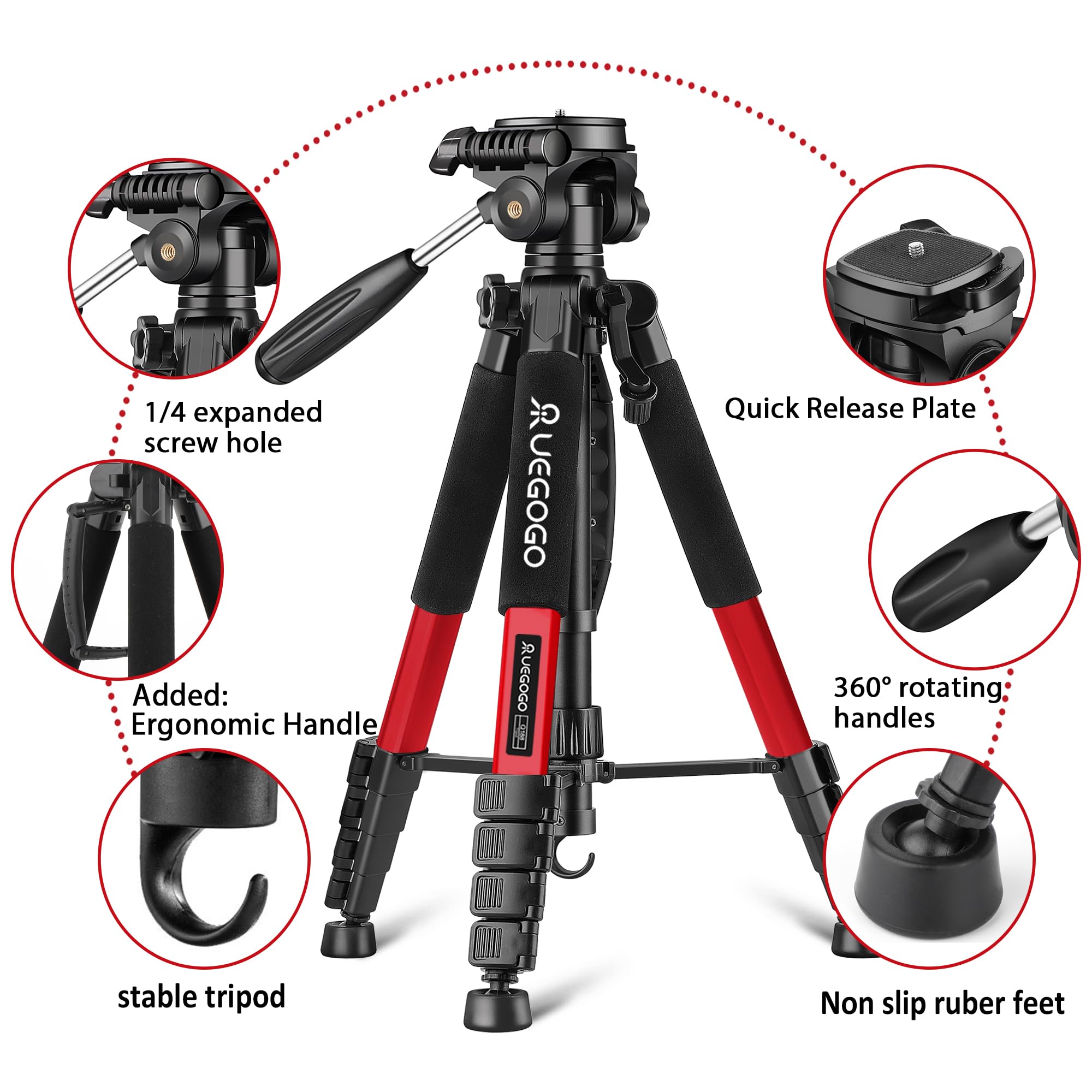Senndio Red Luminum Professional Tripod With 360° Ball Head, 74 Inch Stand For Camera Slr, Travel Tripod Stand With Phone Holder For Camera