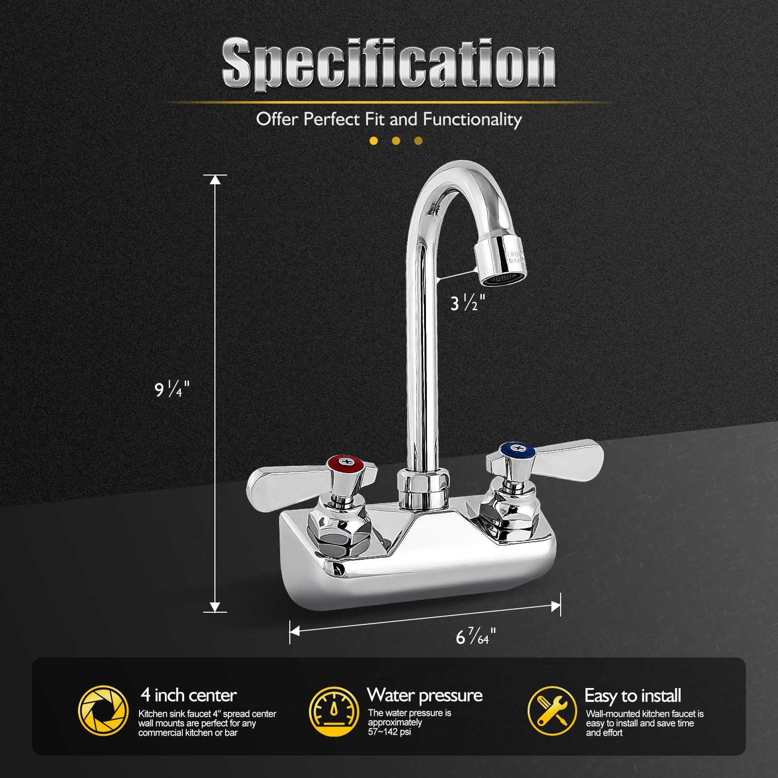 Zkdausdo  4 Inch Center Commercial Sink Faucet Wall Mount Kitchen Hand Sink Faucet, Ceramic Valve, Premium Brass, Chrome Finish, 3-1/2" Gooseneck Spout, Easy-Use Dual Lever