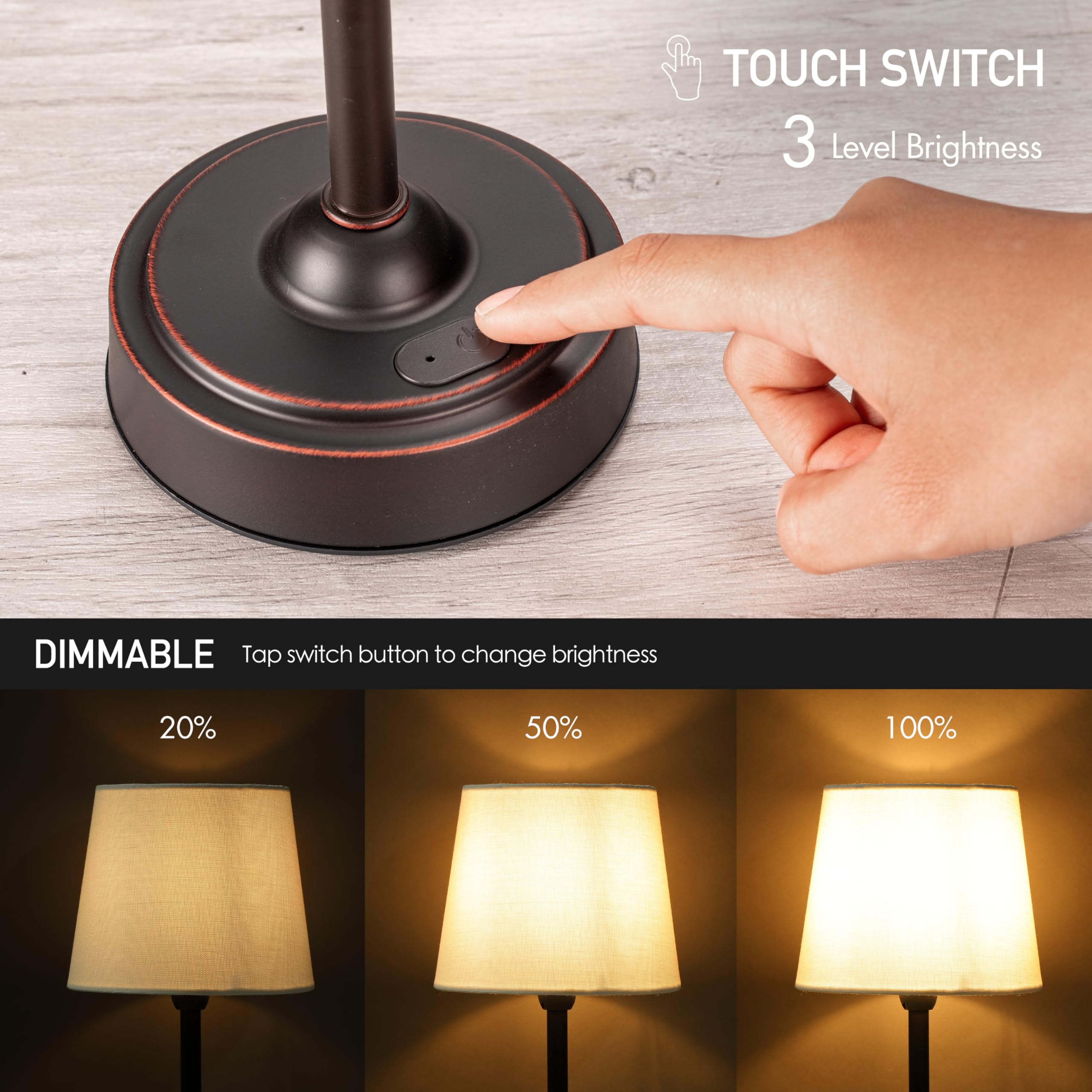 O'Bright O’Bright Seraph - Cordless Led Table Lamp With Dimmer, Built-In Rechargeable Battery, 3-Level Brightness, Patio Table Lamp, Bedside Night Lamp, Ambient Light For Restaurant, Oil Rubbed Bronze