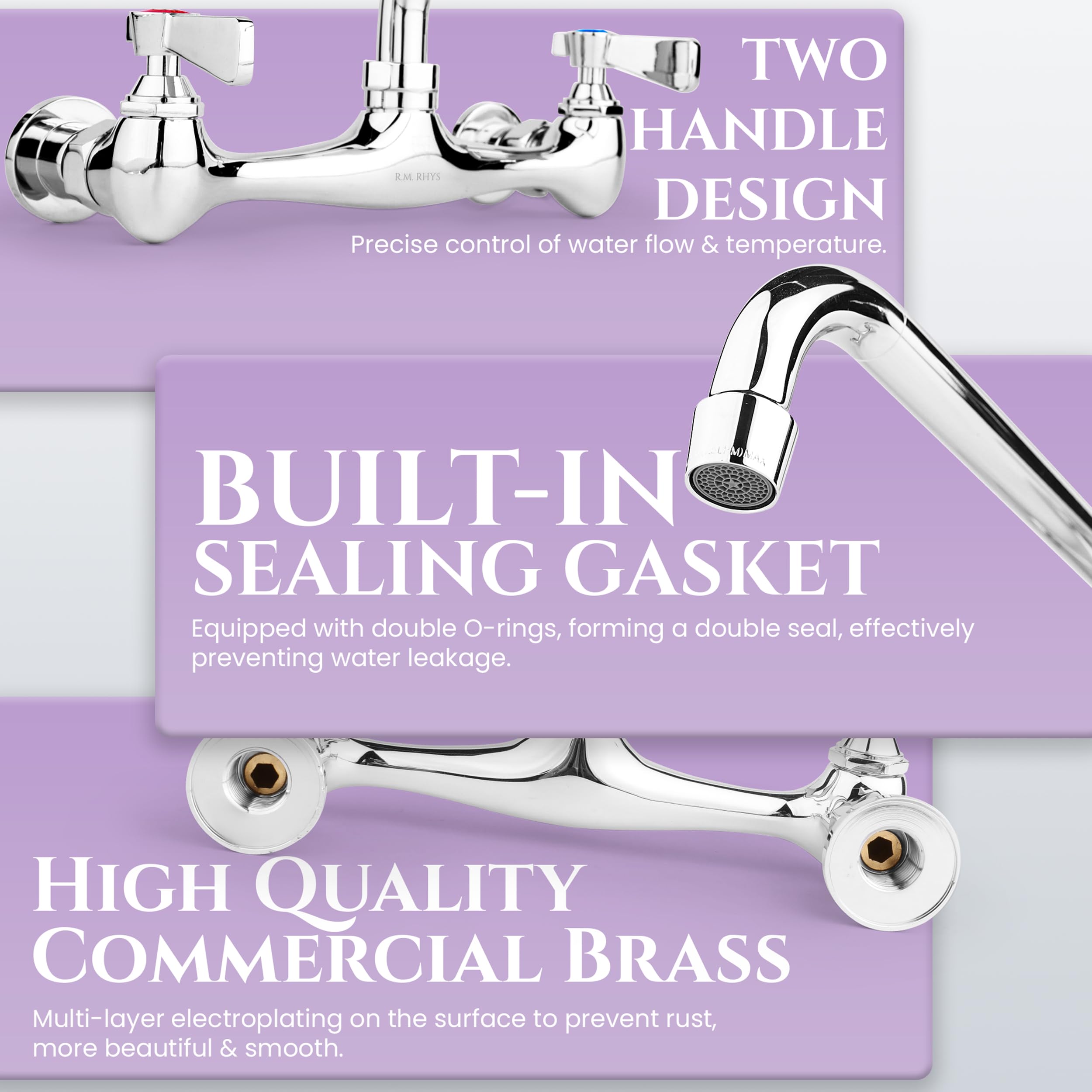 R.M. Rhys Stainless Steel Kitchen Faucet – 8" Center, 12" Spout - Solid Brass Commercial Wall Mount Faucet - Dual Levers & Polished Chrome Finish - Utility Sink Faucet For Commercial & Home Use