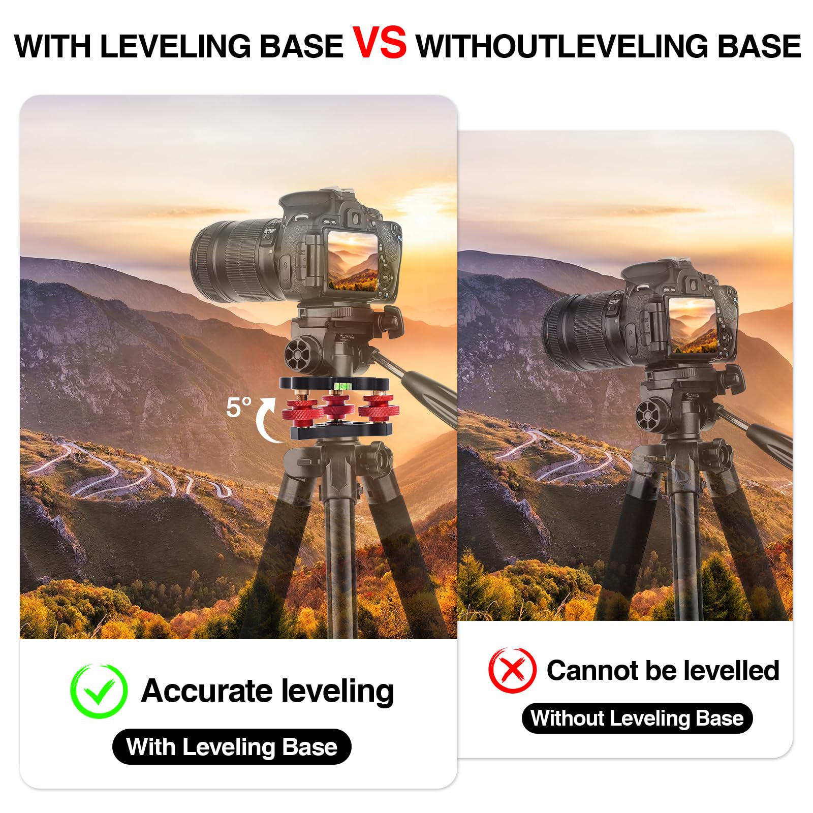 Yqlbgprj Tripod Leveling Base,Camera Head Leveler,3/8”Thread,+/-5°Precise Angle Adjustment,Aircraft-Grade Aluminum Alloy 3Axis Tri Wheel Head,For Macro Panoramic Head,Lp64